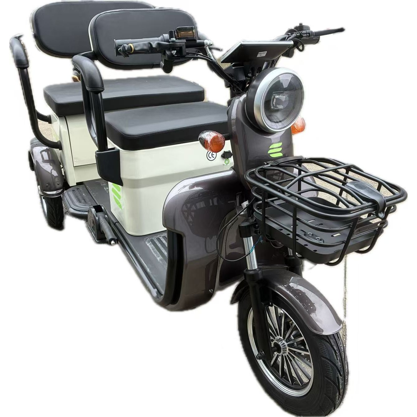Triciclu Electric V6, Saige, Fara Permis, cu Doua Locuri, Motor 1800W, Baterie 72V24Ah, Autonomie 60km, 220x88x105 cm, Viteza Maxima 25km/h, Alb Coffee