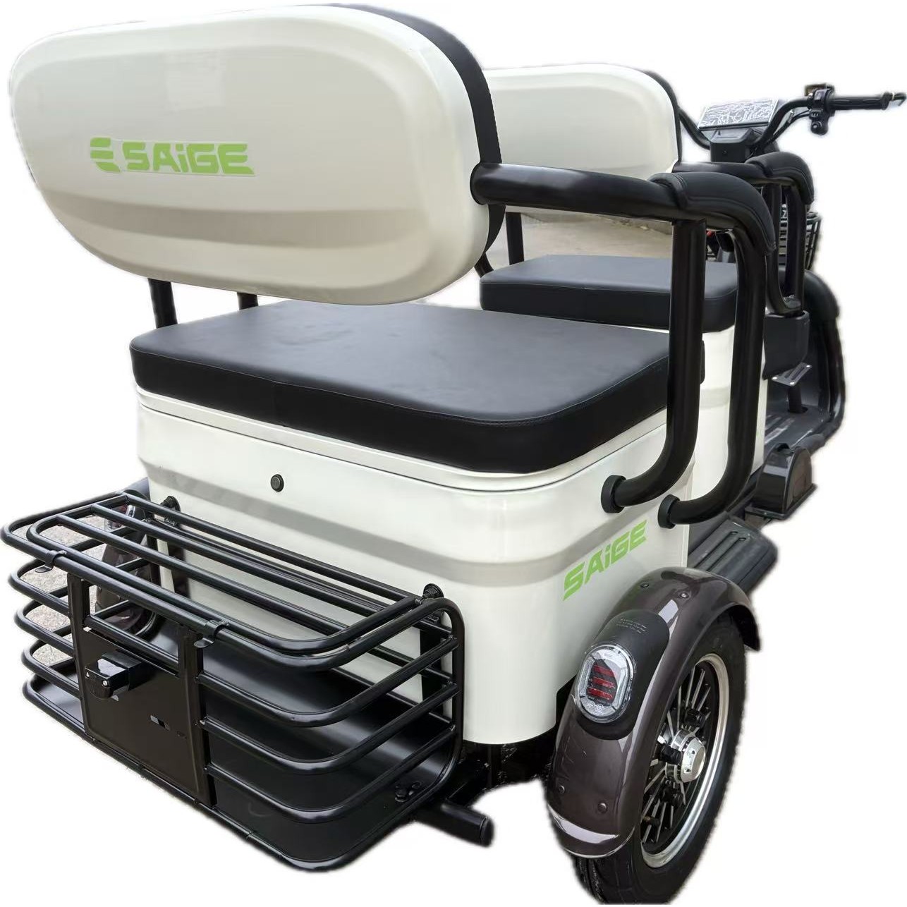 Triciclu Electric V6, Saige, Fara Permis, cu Doua Locuri, Motor 1800W, Baterie 72V24Ah, Autonomie 60km, 220x88x105 cm, Viteza Maxima 25km/h, Alb Coffee
