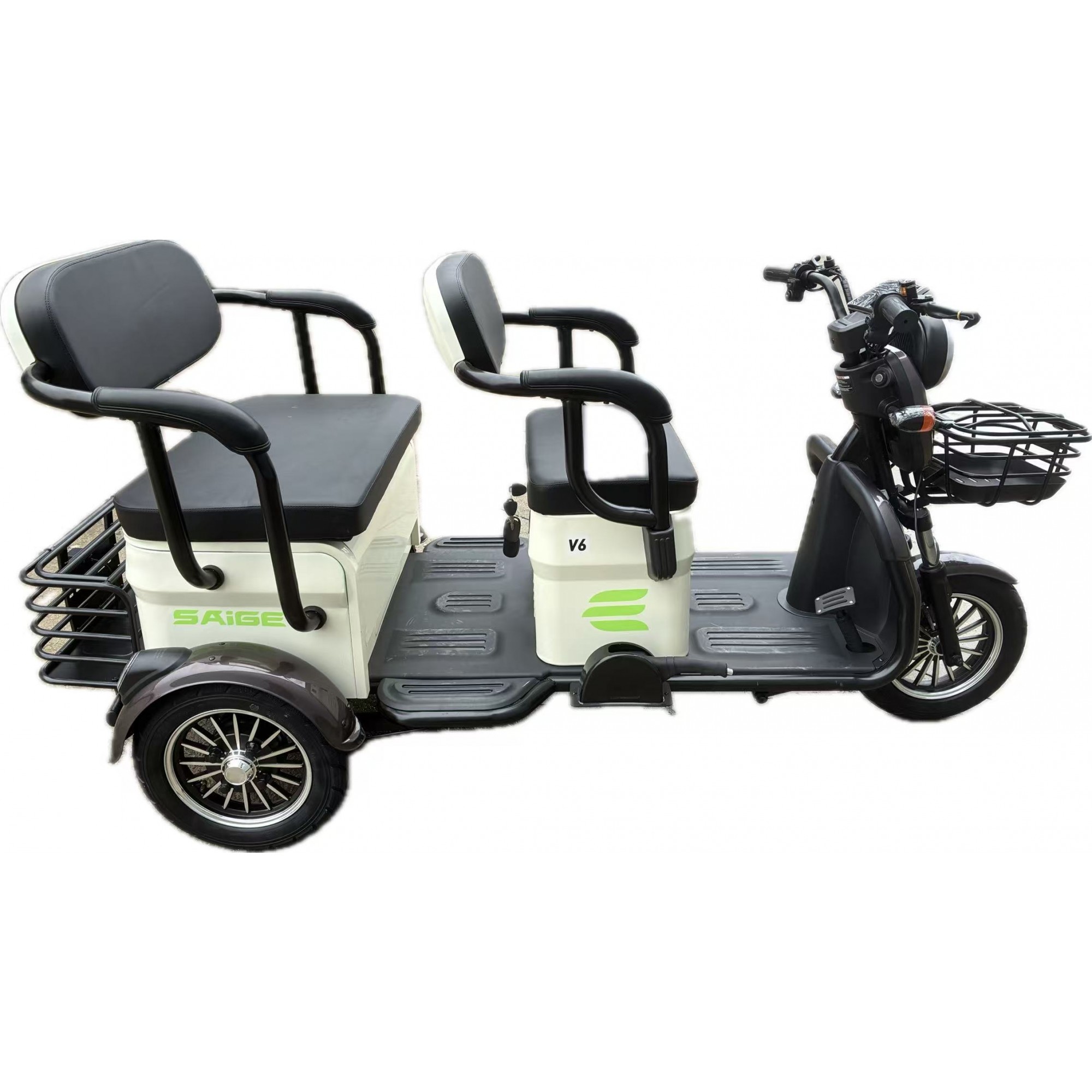 Triciclu Electric V6, Saige, Fara Permis, cu Doua Locuri, Motor 1800W, Baterie 72V24Ah, Autonomie 60km, 220x88x105 cm, Viteza Maxima 25km/h, Alb Coffee