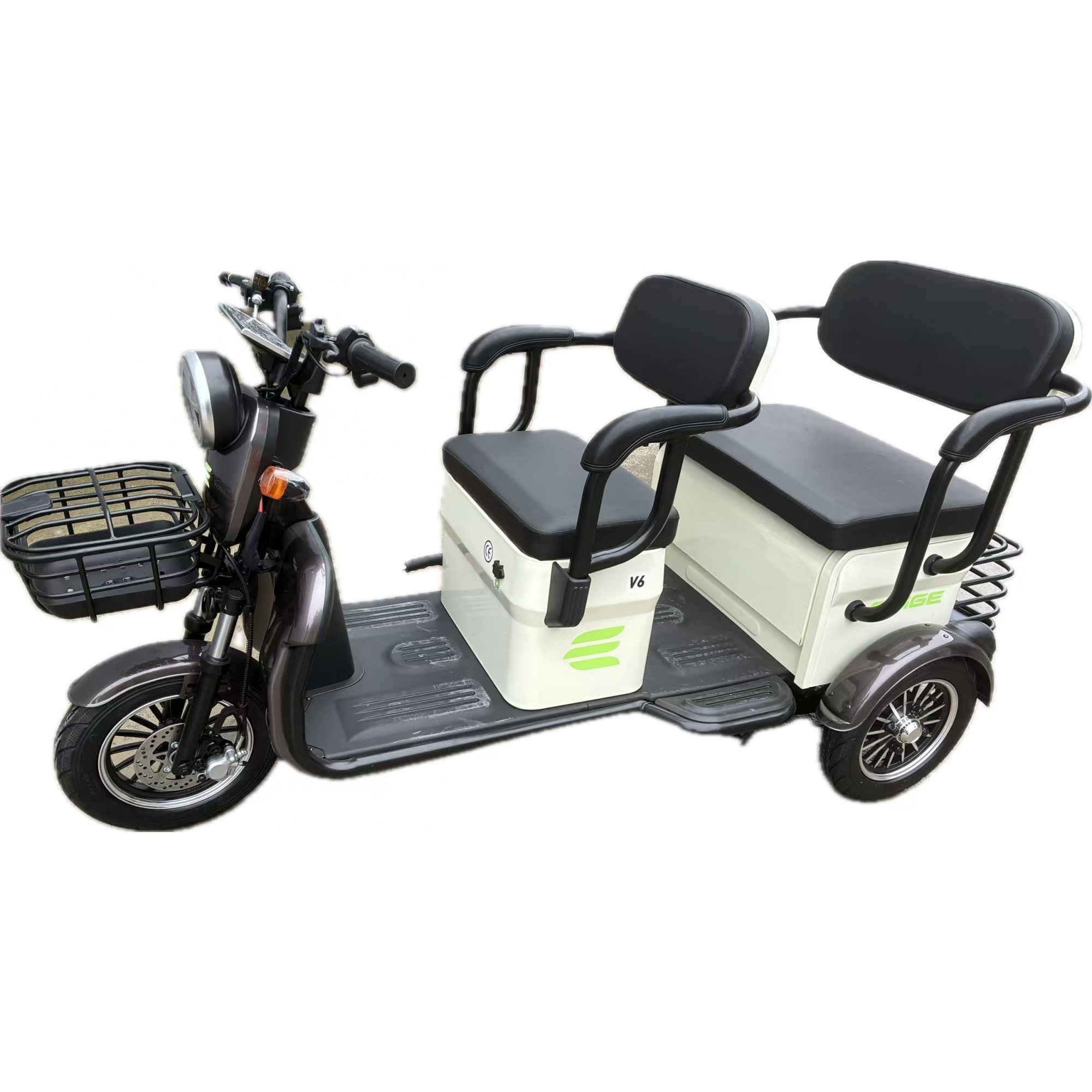 Triciclu Electric V6, Saige, Fara Permis, cu Doua Locuri, Motor 1800W, Baterie 72V24Ah, Autonomie 60km, 220x88x105 cm, Viteza Maxima 25km/h, Alb Coffee