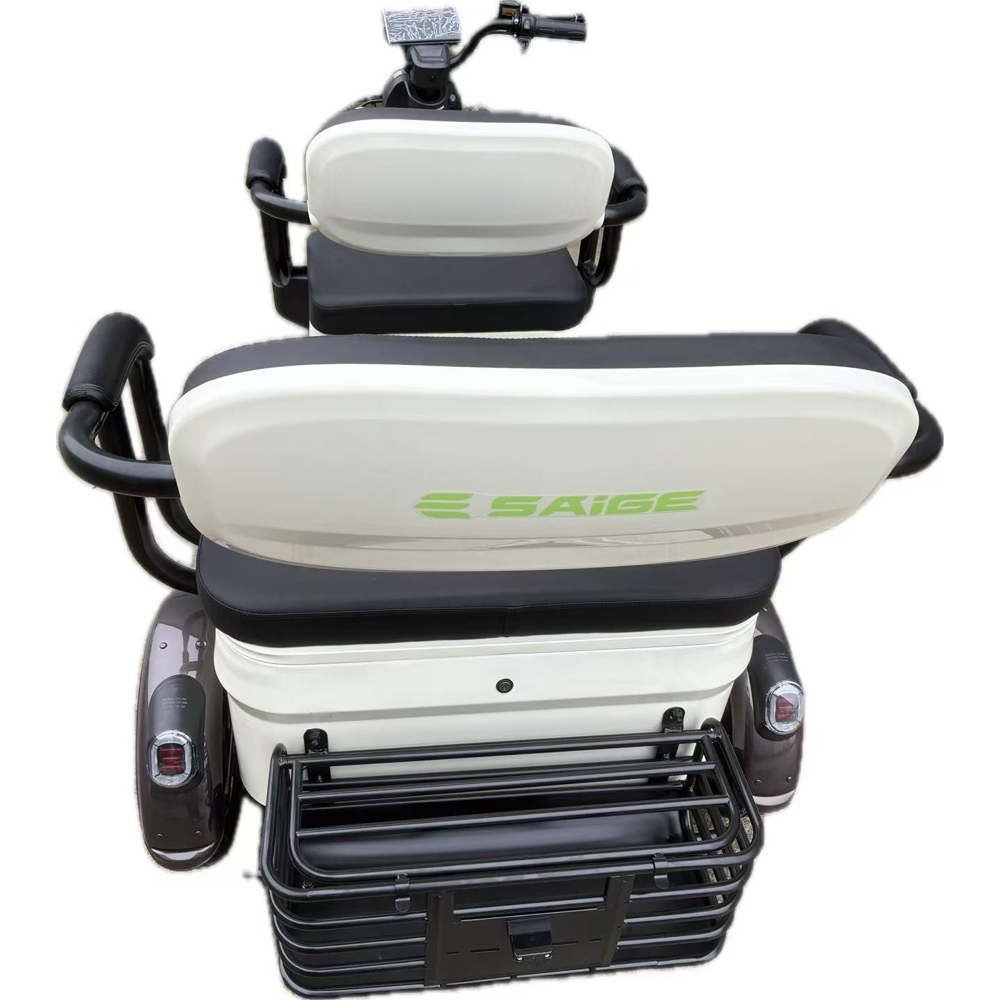 Triciclu Electric V6, Saige, Fara Permis, cu Doua Locuri, Motor 1800W, Baterie 72V24Ah, Autonomie 60km, 220x88x105 cm, Viteza Maxima 25km/h, Alb Coffee