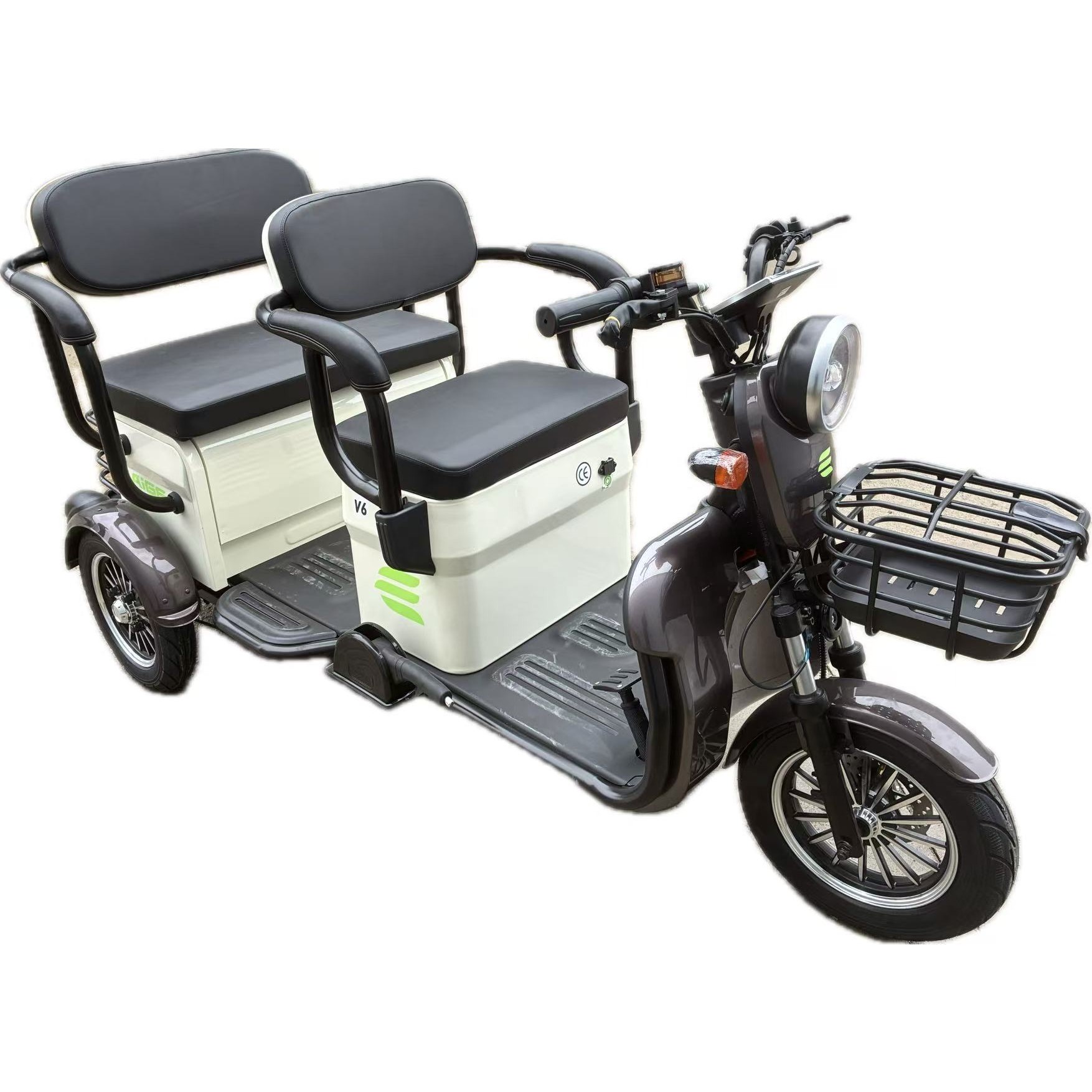 Triciclu Electric V6, Saige, Fara Permis, cu Doua Locuri, Motor 1800W, Baterie 72V24Ah, Autonomie 60km, 220x88x105 cm, Viteza Maxima 25km/h, Alb Coffee