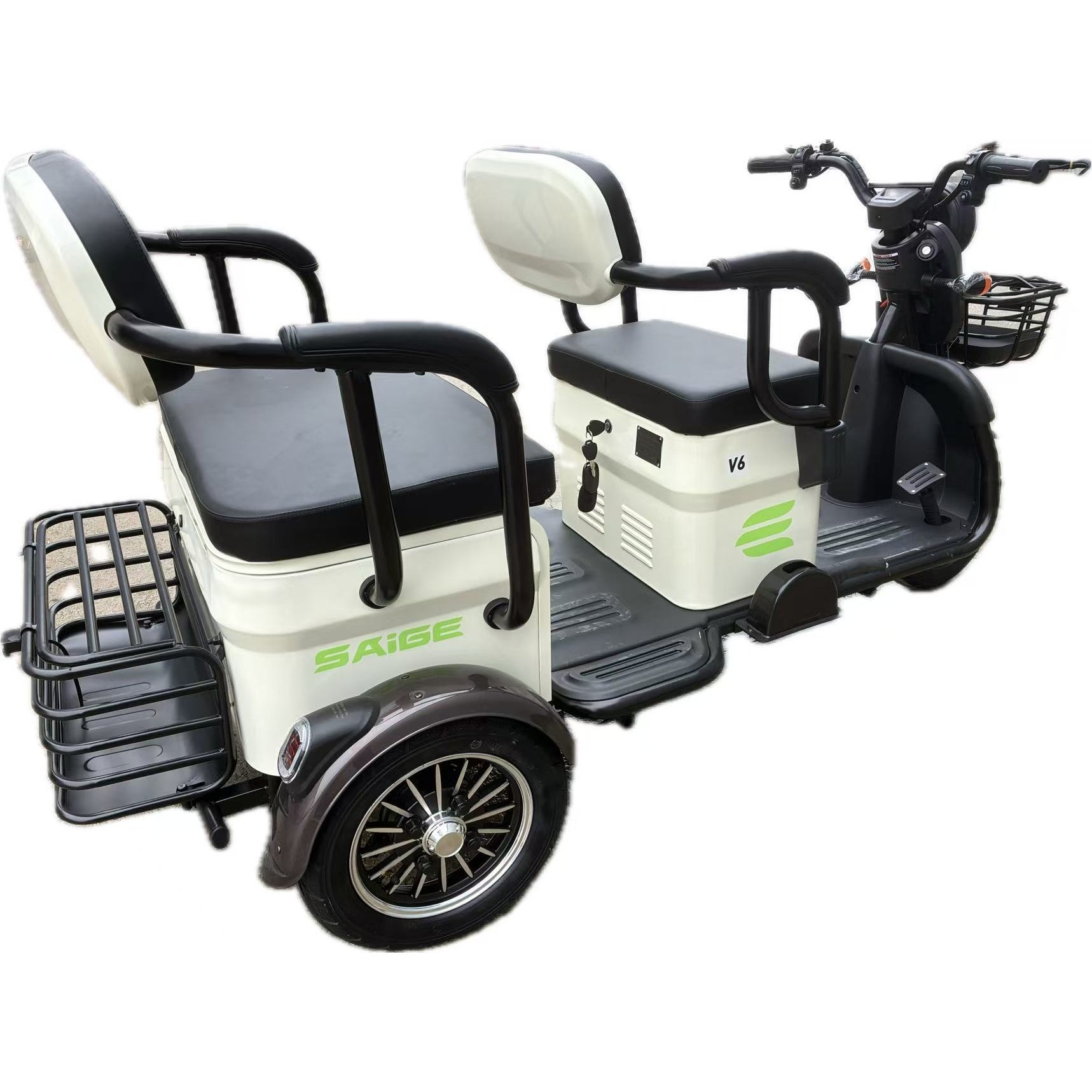 Triciclu Electric V6, Saige, Fara Permis, cu Doua Locuri, Motor 1800W, Baterie 72V24Ah, Autonomie 60km, 220x88x105 cm, Viteza Maxima 25km/h, Alb Coffee