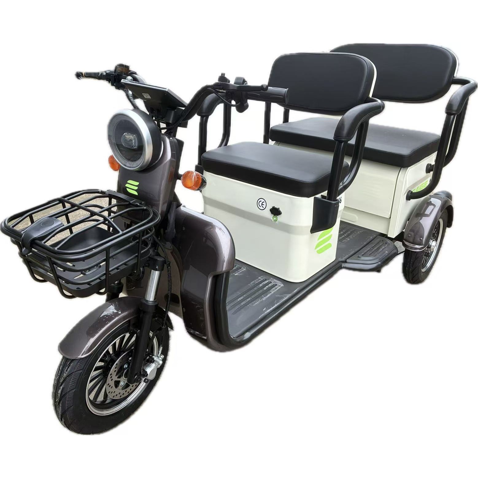 Triciclu Electric V6, Saige, Fara Permis, cu Doua Locuri, Motor 1800W, Baterie 72V24Ah, Autonomie 60km, 220x88x105 cm, Viteza Maxima 25km/h, Alb Coffee