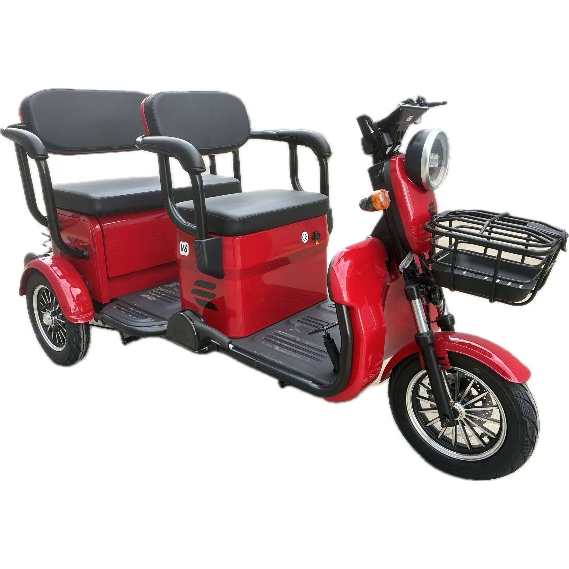 Triciclu Electric V6, Saige, Fara Permis, cu Doua Locuri, Motor 1800W, Baterie 72V24Ah, Autonomie 60km, 220x88x105 cm, Viteza Maxima 25km/h, Rosu