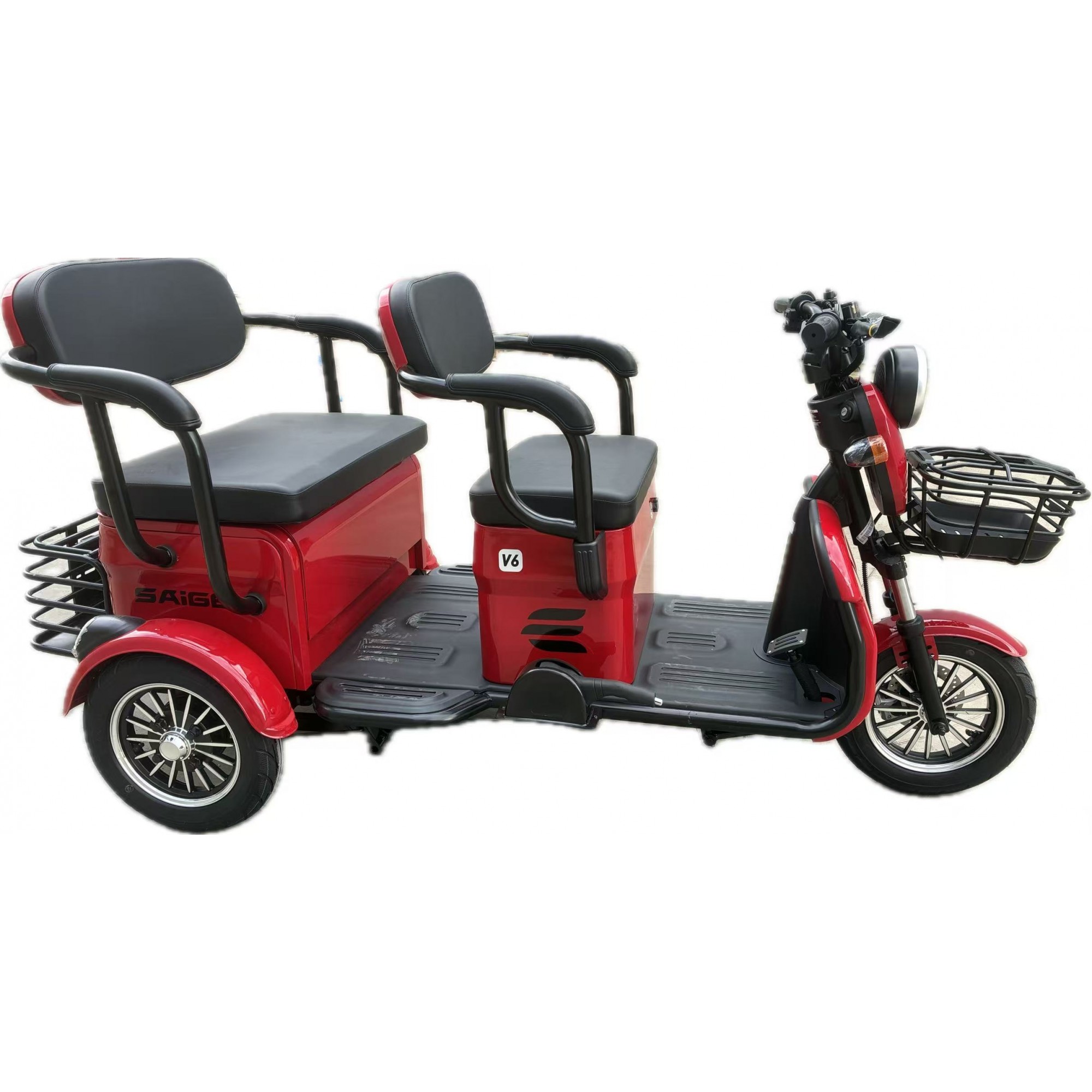 Triciclu Electric V6, Saige, Fara Permis, cu Doua Locuri, Motor 1800W, Baterie 72V24Ah, Autonomie 60km, 220x88x105 cm, Viteza Maxima 25km/h, Rosu