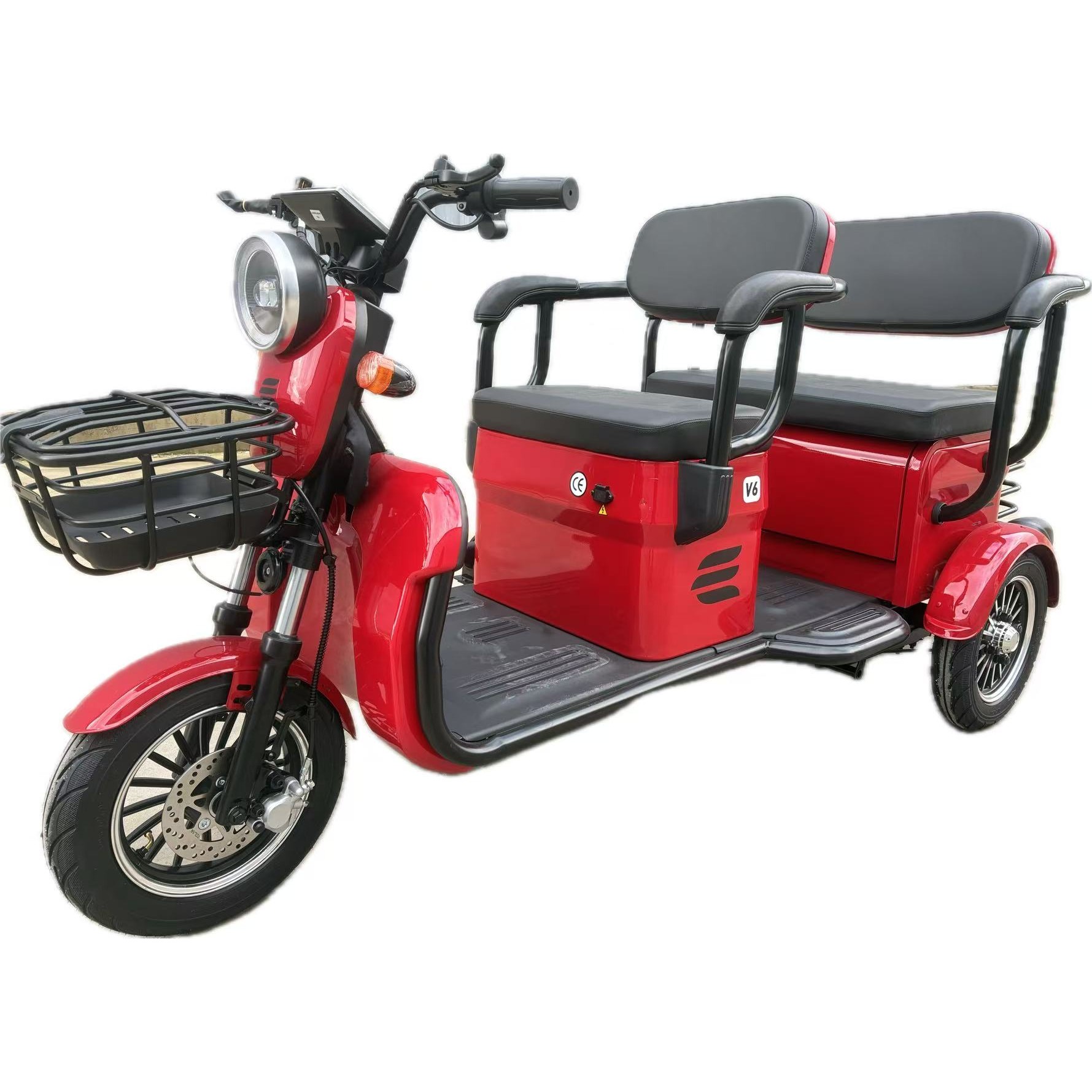 Triciclu Electric V6, Saige, Fara Permis, cu Doua Locuri, Motor 1800W, Baterie 72V24Ah, Autonomie 60km, 220x88x105 cm, Viteza Maxima 25km/h, Rosu