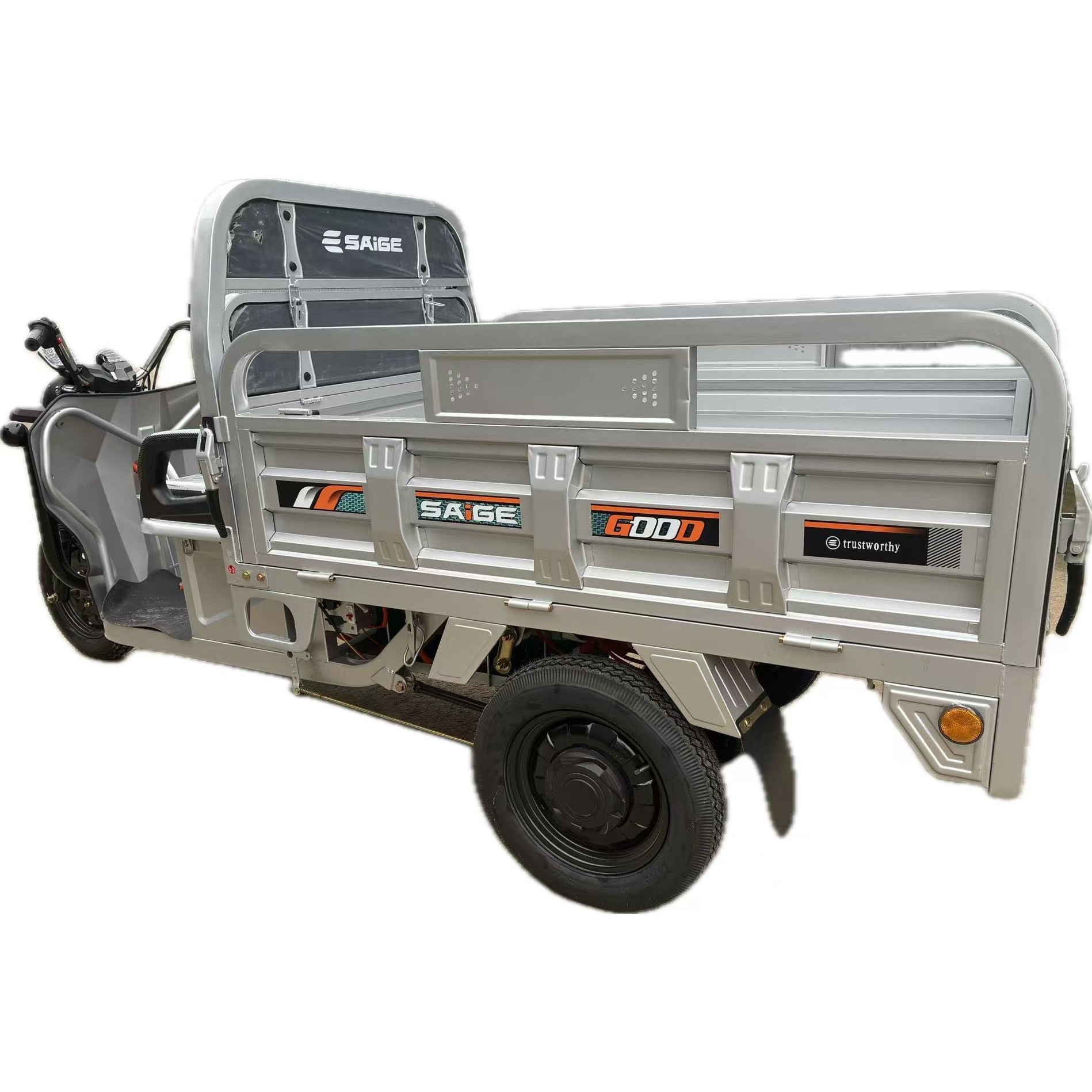 Triciclu Electic de Marfa Chuanqi, Saige, Fara Permis, Motor 1600W, Baterie 72V32Ah, Autonomie 60km, 250x88x115 cm, Viteza Maxima 25km/h, Gri