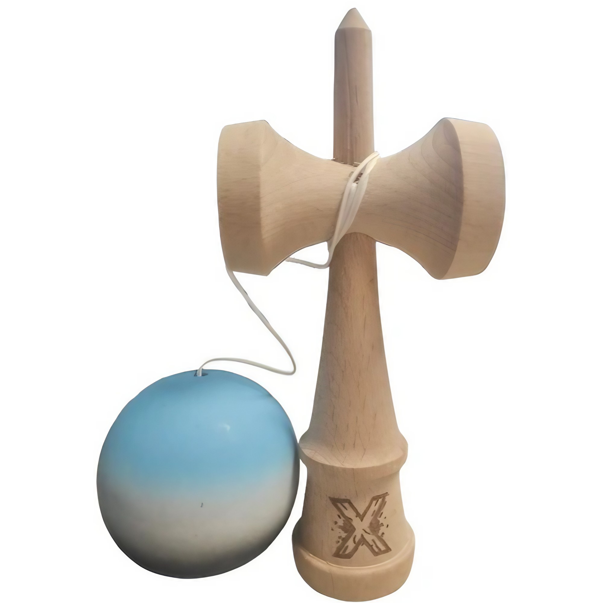 Kendama X Originala, Profesionala, Flippy, Rubber Grip, din Lemn, 18 cm, Albastru/Alb/Negru