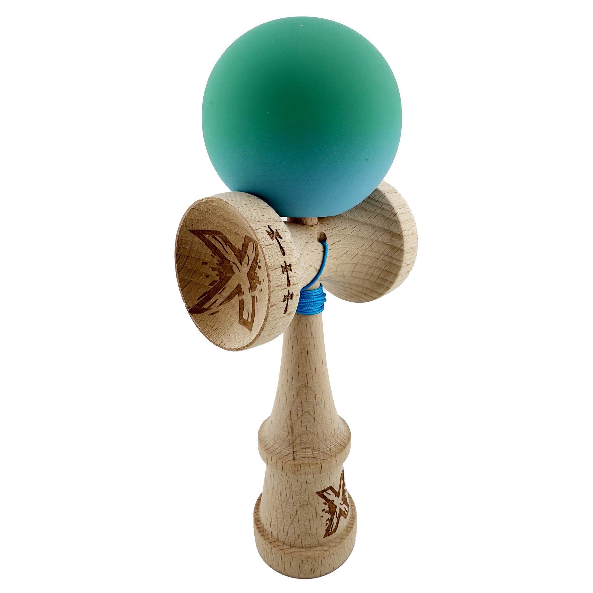 Kendama X Originala, Profesionala, Flippy, Big Cups V2, Rubber Grip cu Cupe Mari, Rulment Metalic cu Ata 55 cm, Verde/Albastru