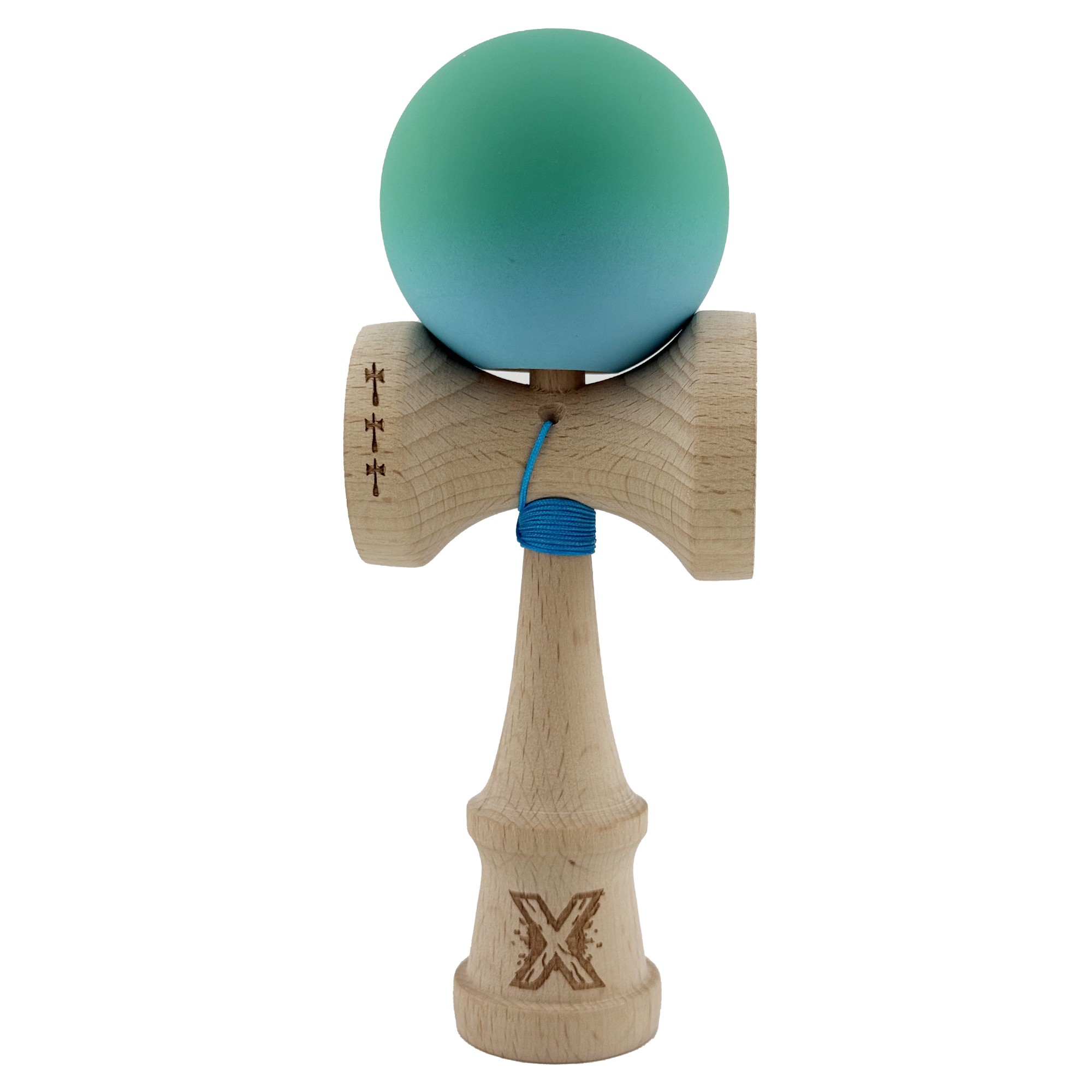 Kendama X Originala, Profesionala, Flippy, Big Cups V2, Rubber Grip cu Cupe Mari, Rulment Metalic cu Ata 55 cm, Verde/Albastru