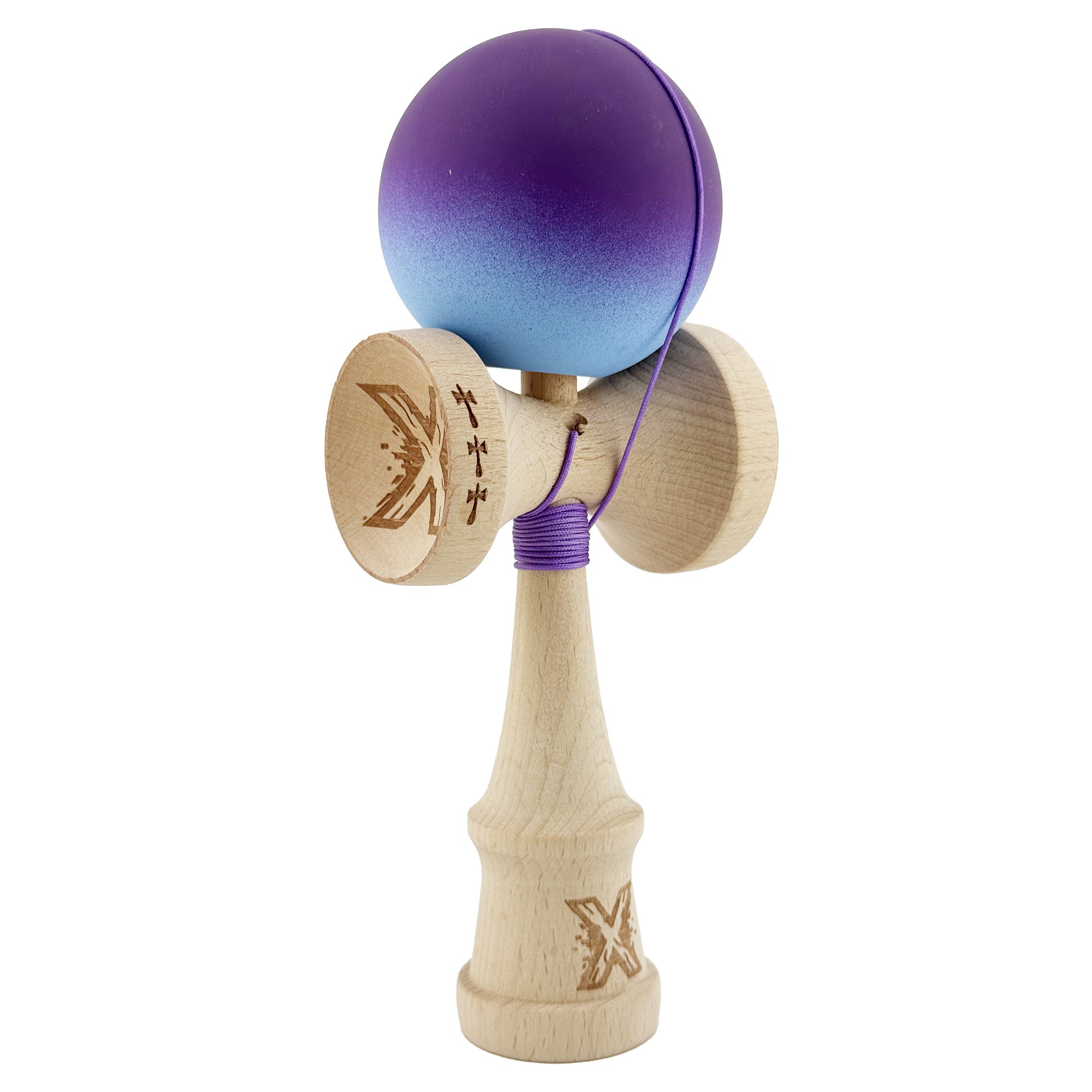 Kendama X Originala, Profesionala, Flippy, Big Cups V2, Rubber Grip cu Cupe Mari, Rulment Metalic cu Ata 55 cm, Violet/Albastru