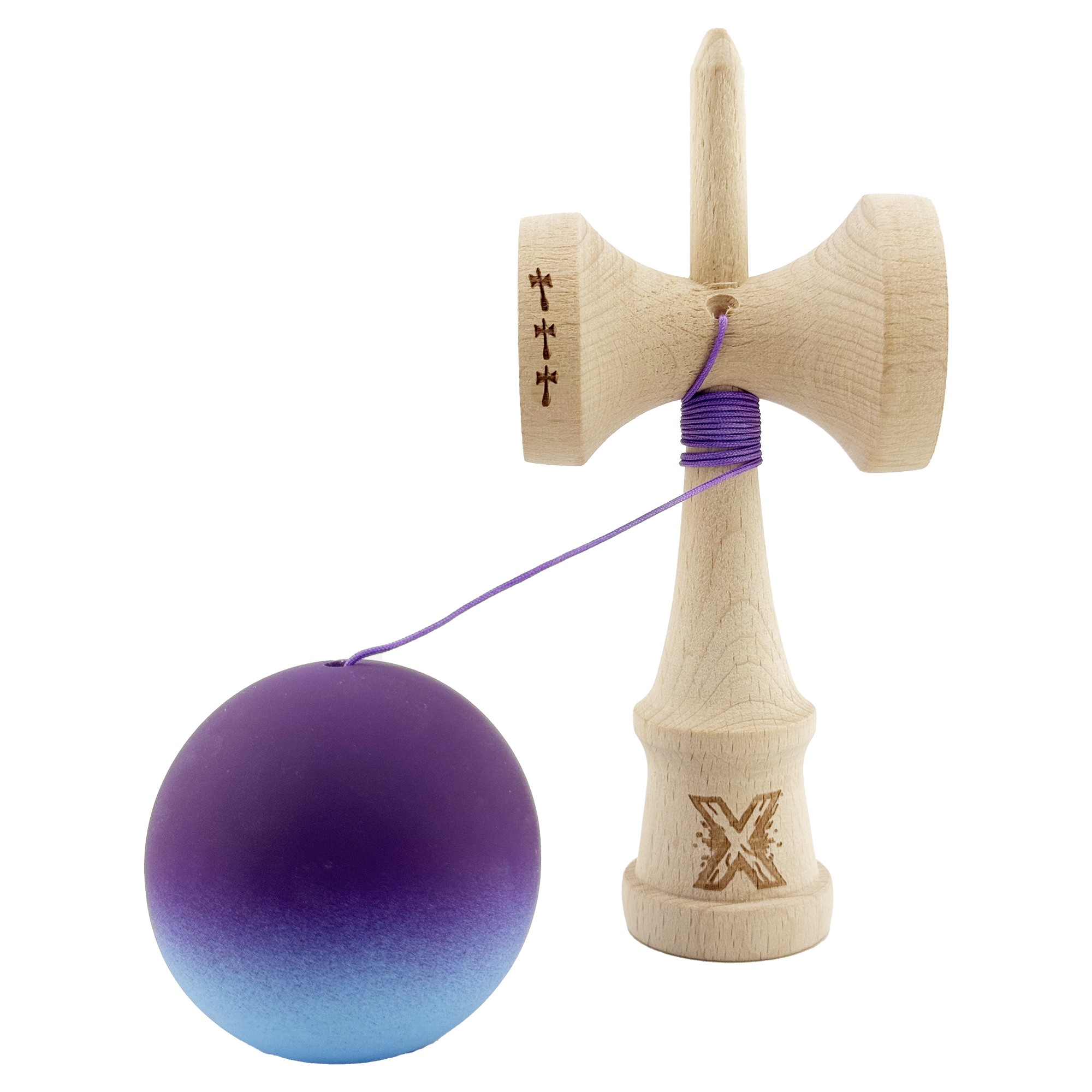 Kendama X Originala, Profesionala, Flippy, Big Cups V2, Rubber Grip cu Cupe Mari, Rulment Metalic cu Ata 55 cm, Violet/Albastru