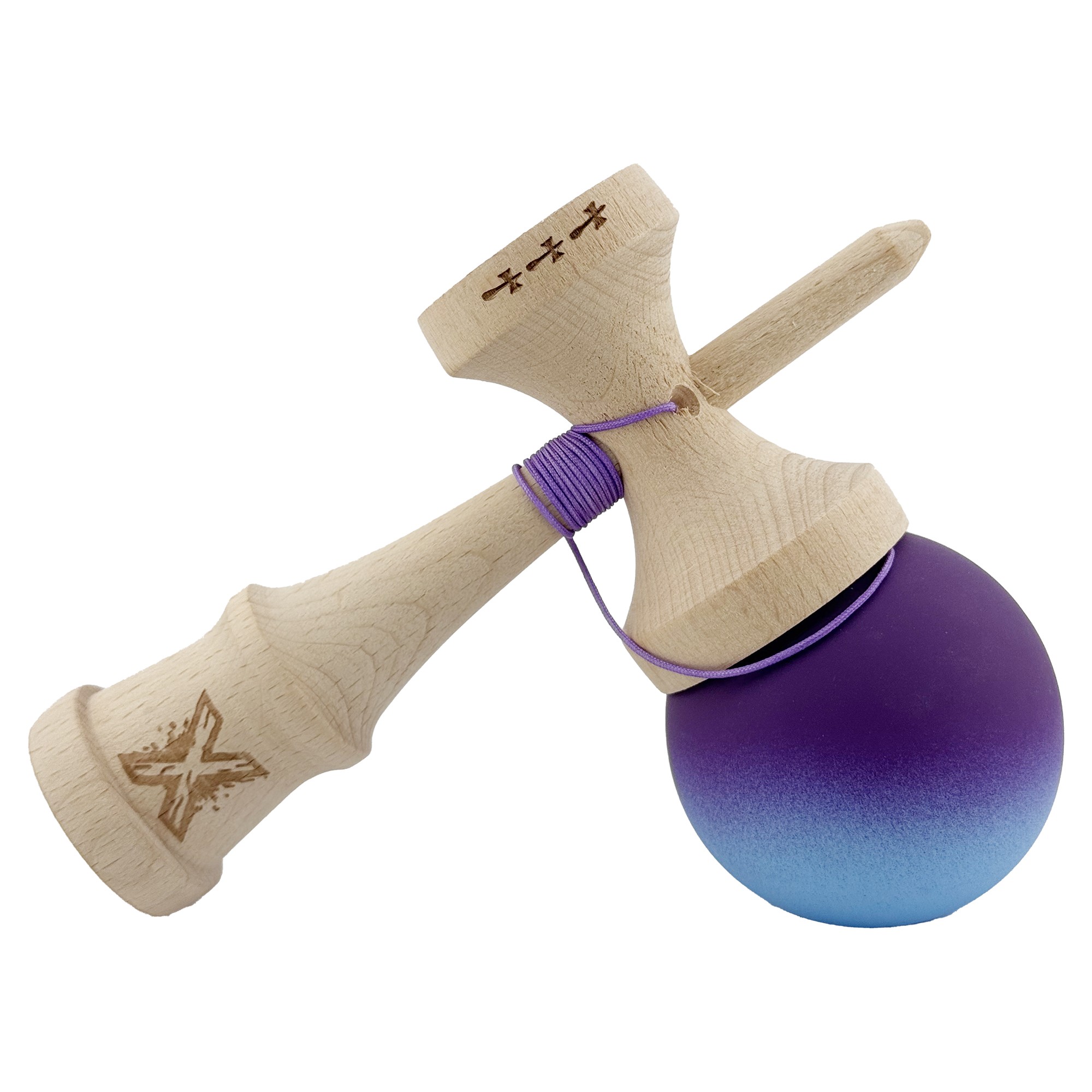 Kendama X Originala, Profesionala, Flippy, Big Cups V2, Rubber Grip cu Cupe Mari, Rulment Metalic cu Ata 55 cm, Violet/Albastru
