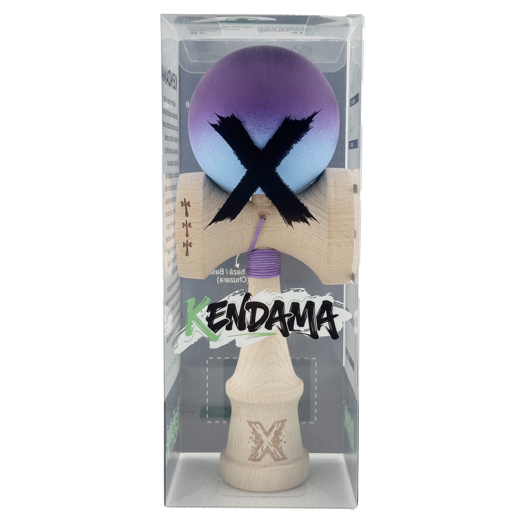 Kendama X Originala, Profesionala, Flippy, Big Cups V2, Rubber Grip cu Cupe Mari, Rulment Metalic cu Ata 55 cm, Violet/Albastru