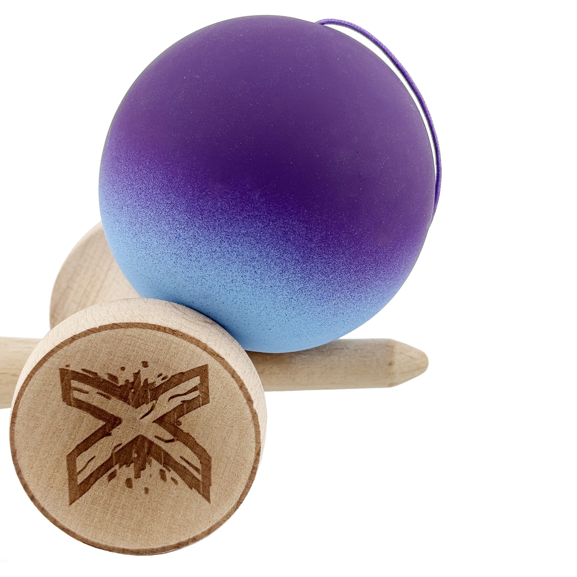 Kendama X Originala, Profesionala, Flippy, Big Cups V2, Rubber Grip cu Cupe Mari, Rulment Metalic cu Ata 55 cm, Violet/Albastru