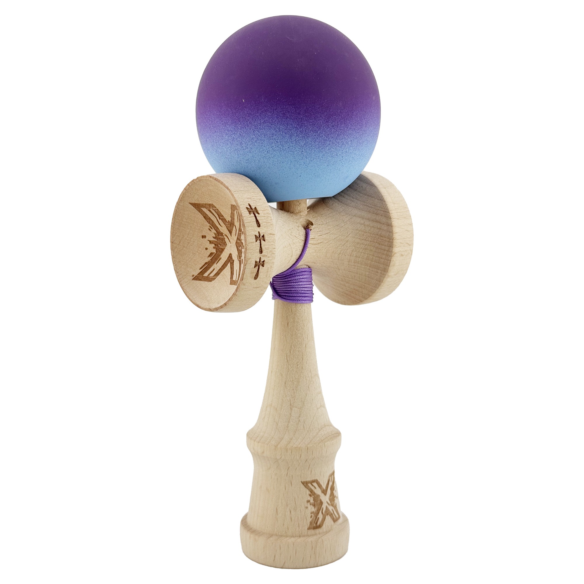 Kendama X Originala, Profesionala, Flippy, Big Cups V2, Rubber Grip cu Cupe Mari, Rulment Metalic cu Ata 55 cm, Violet/Albastru