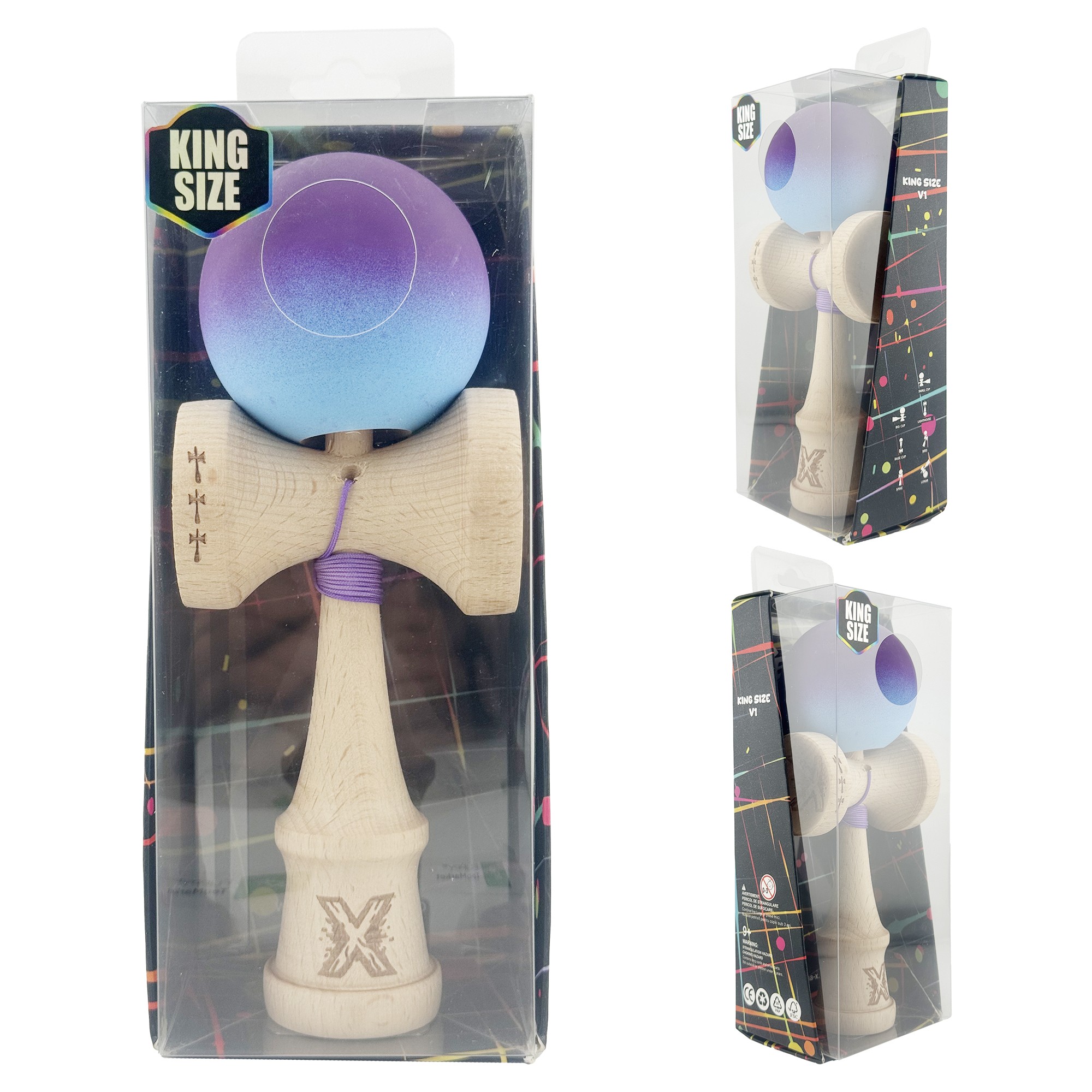 Kendama X Originala, Profesionala, Flippy, Big Cups V2, Rubber Grip cu Cupe Mari, Rulment Metalic cu Ata 55 cm, Violet/Albastru