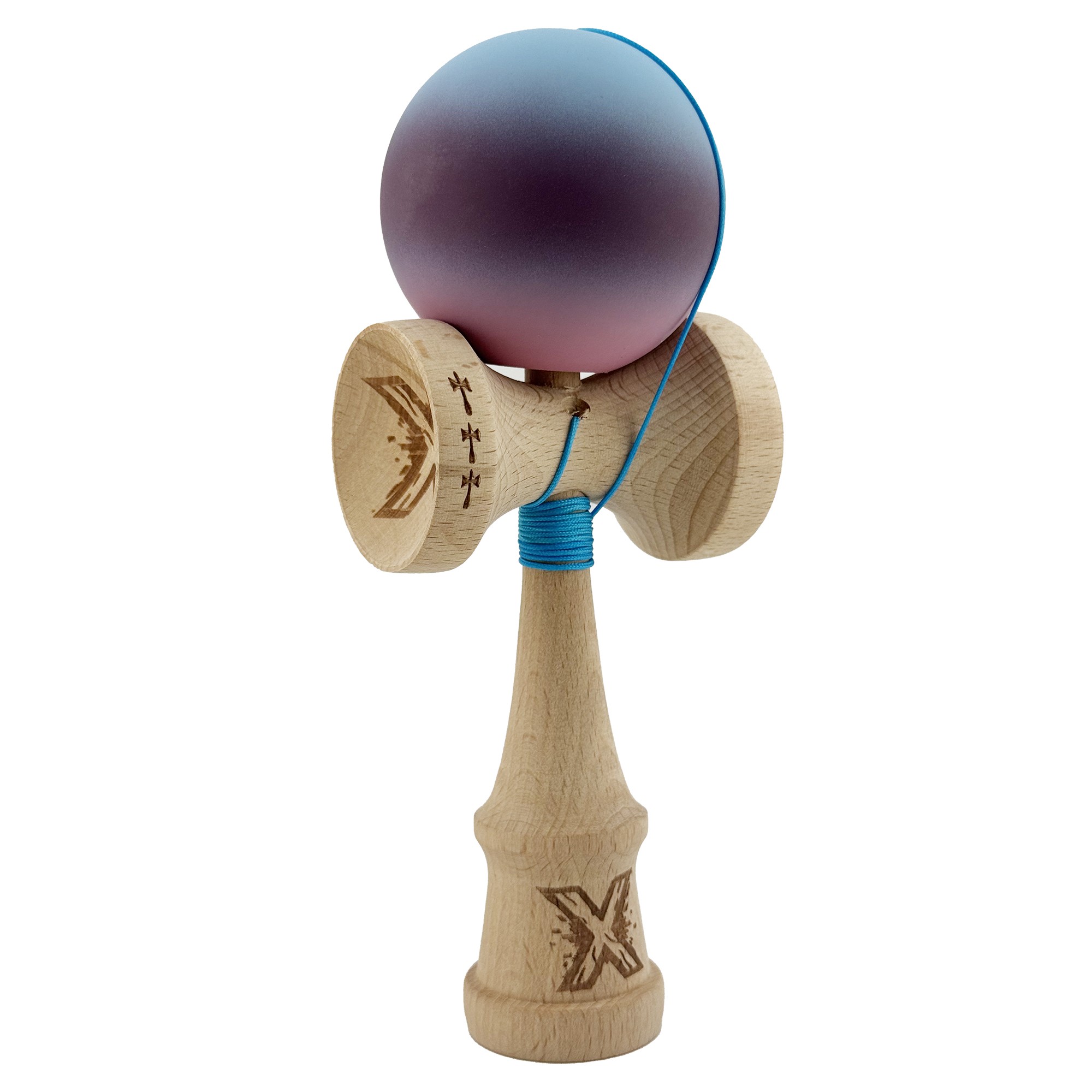 Kendama X Originala, Profesionala, Flippy, Big Cups V2, Rubber Grip cu Cupe Mari, Rulment Metalic cu Ata 55 cm, Gradient Albastru/Mov/Roz