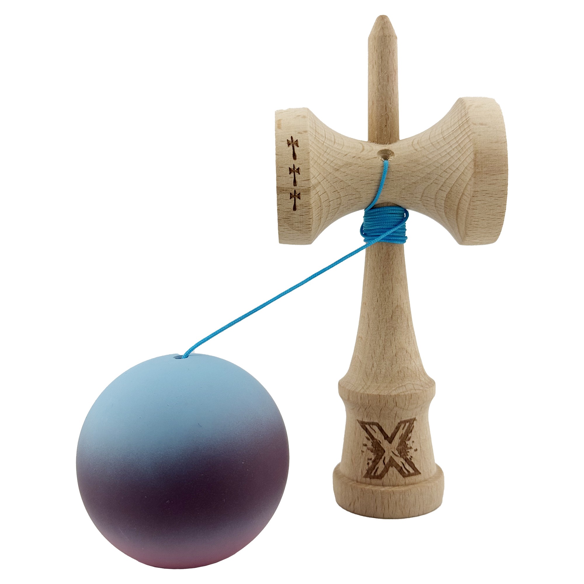 Kendama X Originala, Profesionala, Flippy, Big Cups V2, Rubber Grip cu Cupe Mari, Rulment Metalic cu Ata 55 cm, Gradient Albastru/Mov/Roz