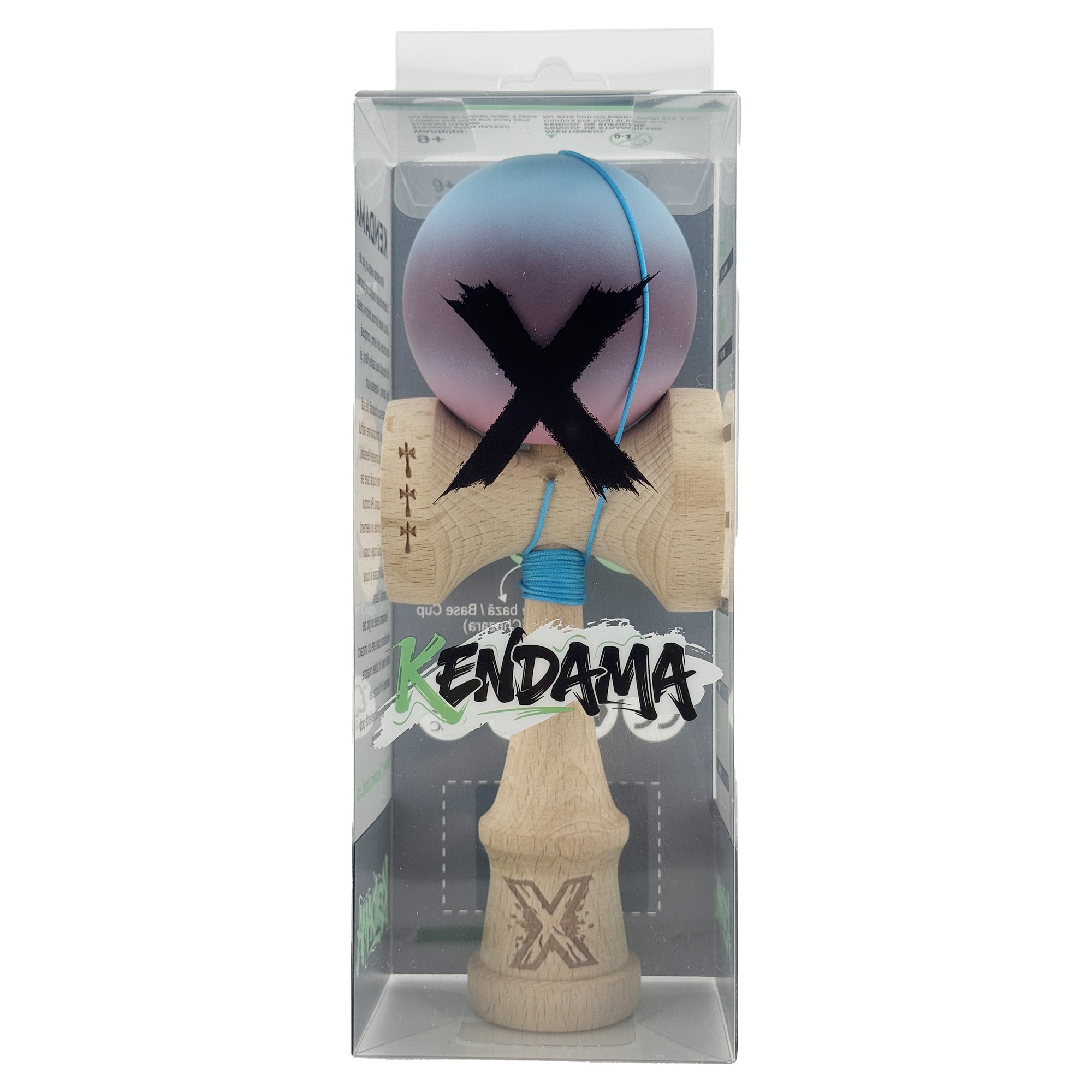 Kendama X Originala, Profesionala, Flippy, Big Cups V2, Rubber Grip cu Cupe Mari, Rulment Metalic cu Ata 55 cm, Gradient Albastru/Mov/Roz
