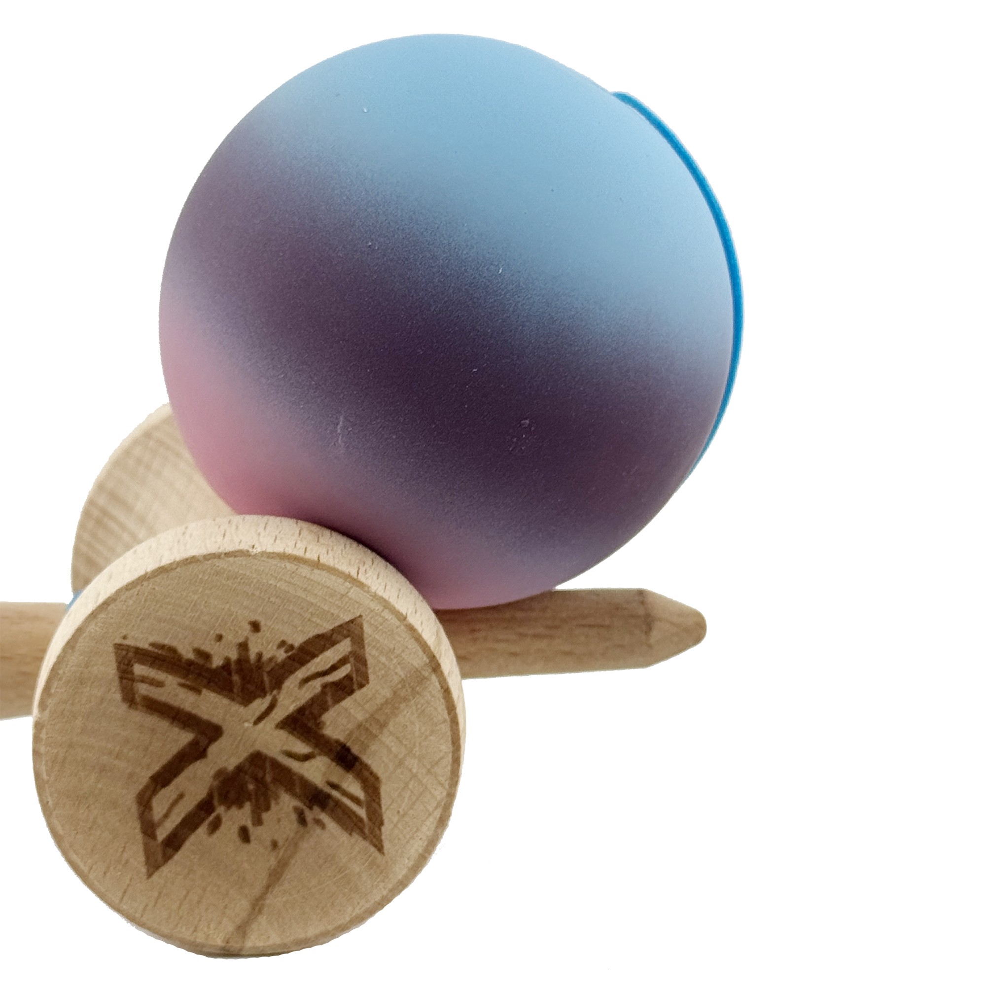 Kendama X Originala, Profesionala, Flippy, Big Cups V2, Rubber Grip cu Cupe Mari, Rulment Metalic cu Ata 55 cm, Gradient Albastru/Mov/Roz