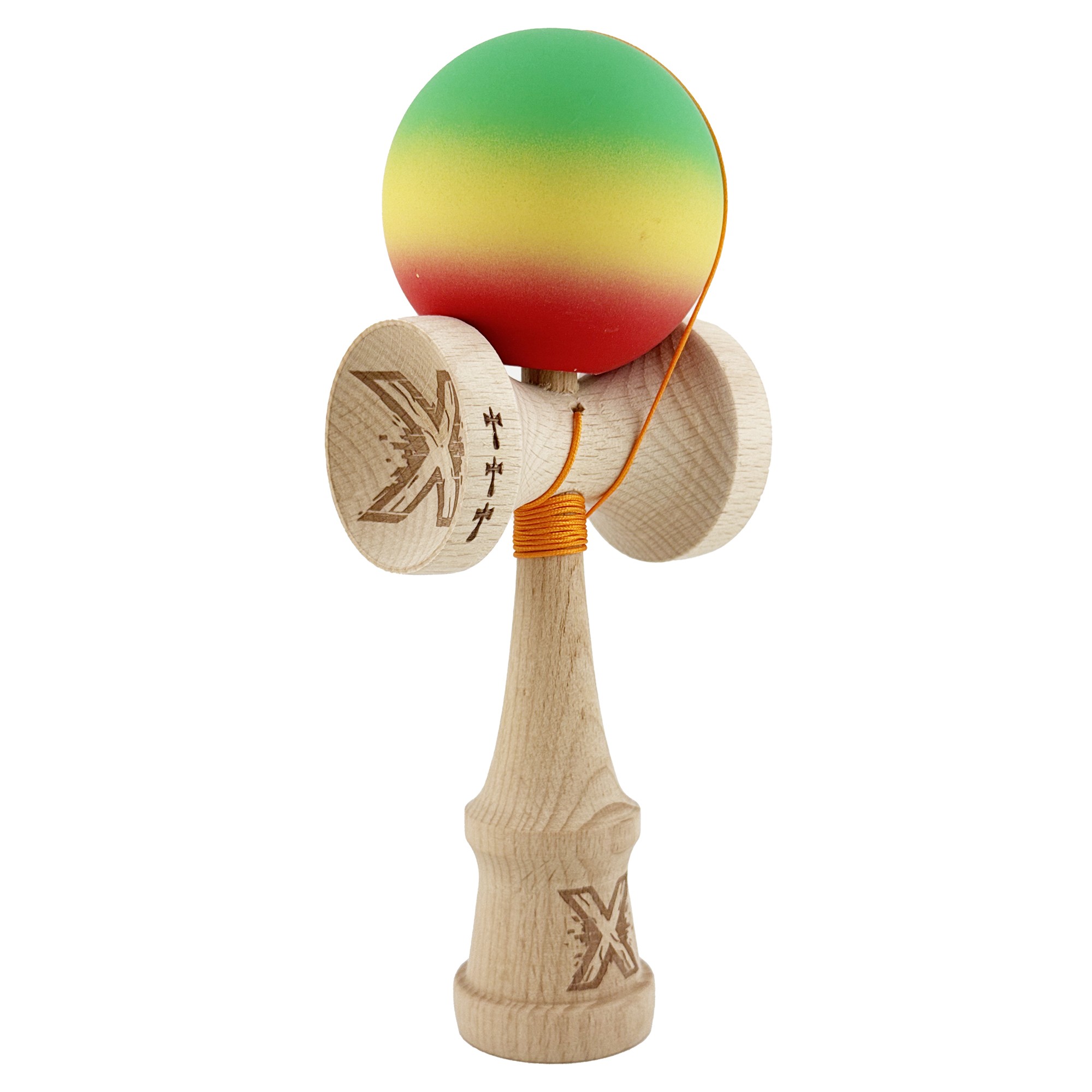 Kendama X Originala, Profesionala, Flippy, Big Cups V2, Rubber Grip cu Cupe Mari, Rulment Metalic cu Ata 55 cm, Verde/Galben/Rosu