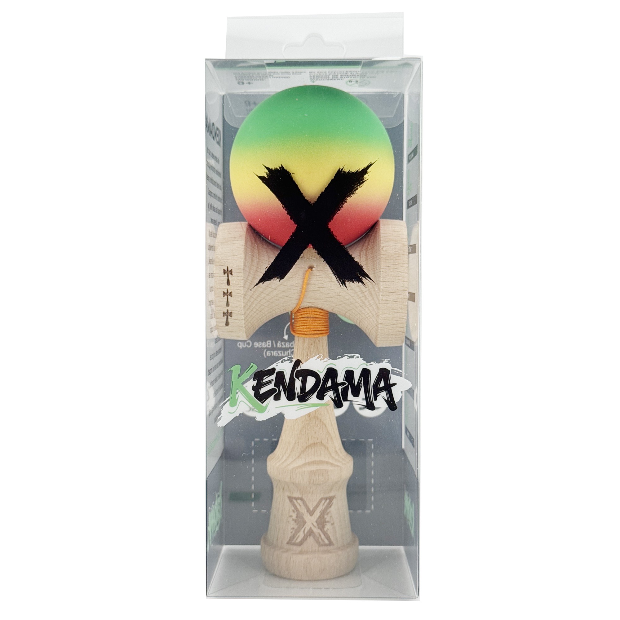 Kendama X Originala, Profesionala, Flippy, Big Cups V2, Rubber Grip cu Cupe Mari, Rulment Metalic cu Ata 55 cm, Verde/Galben/Rosu