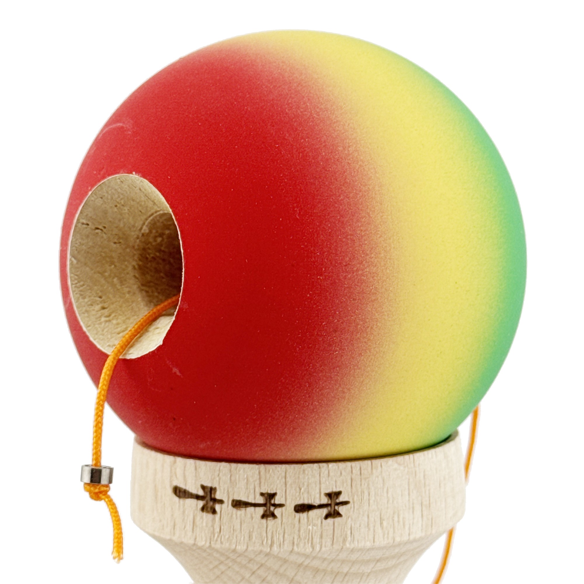 Kendama X Originala, Profesionala, Flippy, Big Cups V2, Rubber Grip cu Cupe Mari, Rulment Metalic cu Ata 55 cm, Verde/Galben/Rosu