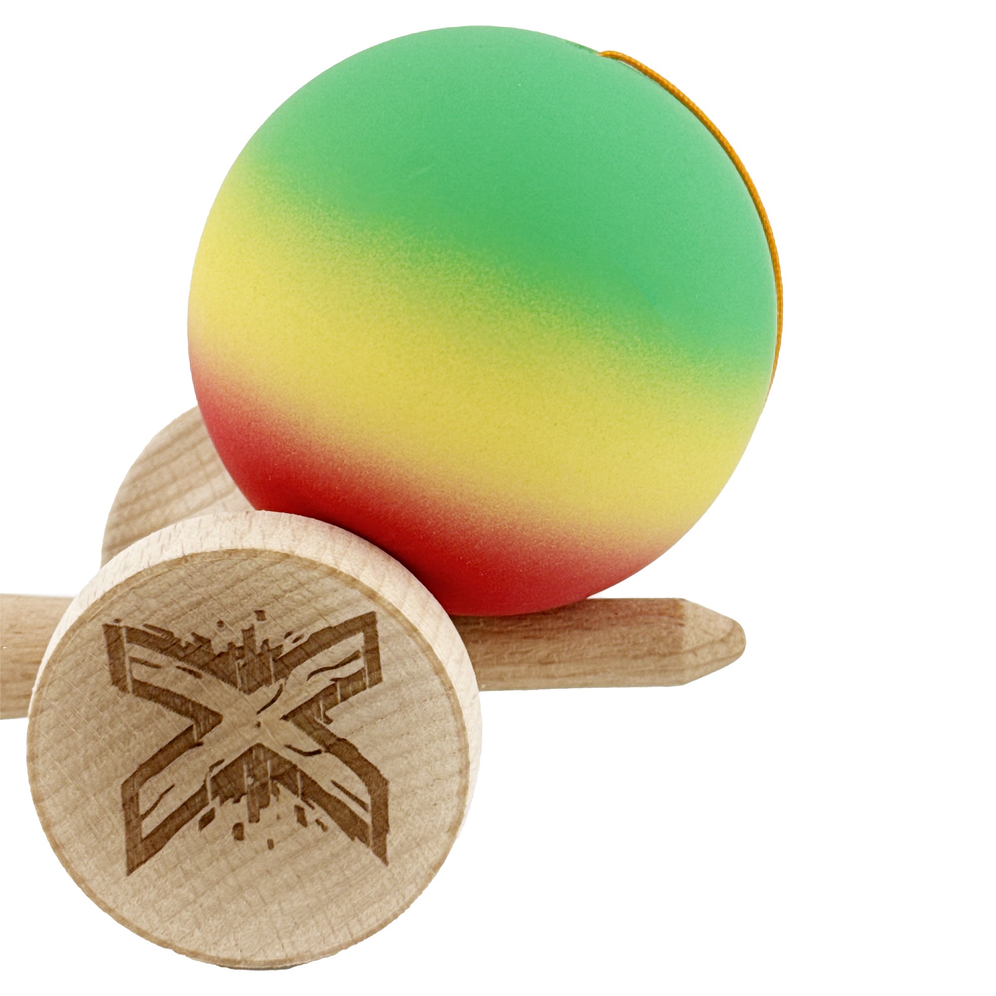 Kendama X Originala, Profesionala, Flippy, Big Cups V2, Rubber Grip cu Cupe Mari, Rulment Metalic cu Ata 55 cm, Verde/Galben/Rosu
