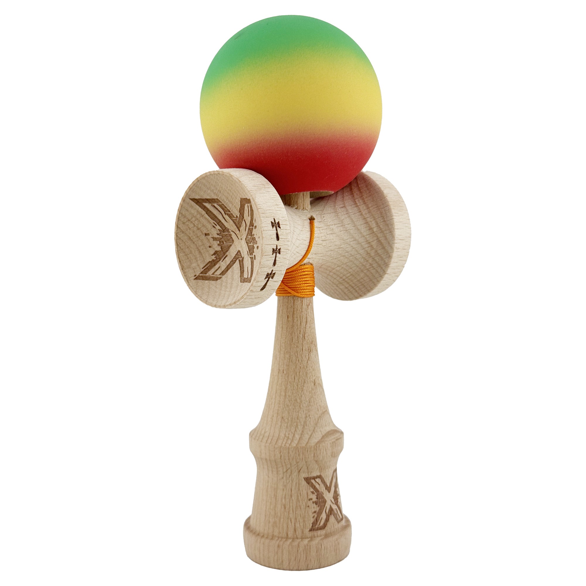 Kendama X Originala, Profesionala, Flippy, Big Cups V2, Rubber Grip cu Cupe Mari, Rulment Metalic cu Ata 55 cm, Verde/Galben/Rosu