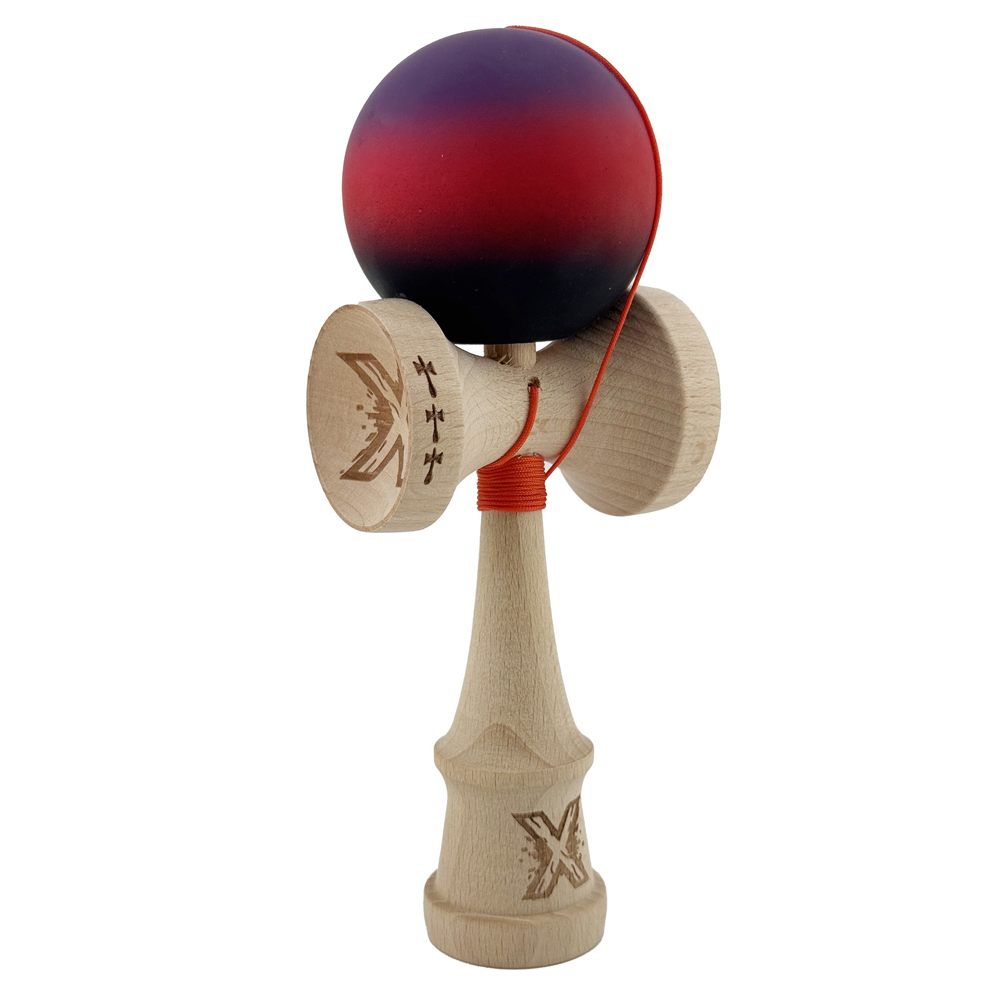 Kendama X Originala, Profesionala, Flippy, Big Cups V2, Rubber Grip cu Cupe Mari, Rulment Metalic cu Ata 55 cm, Mov/Rosu/Negru