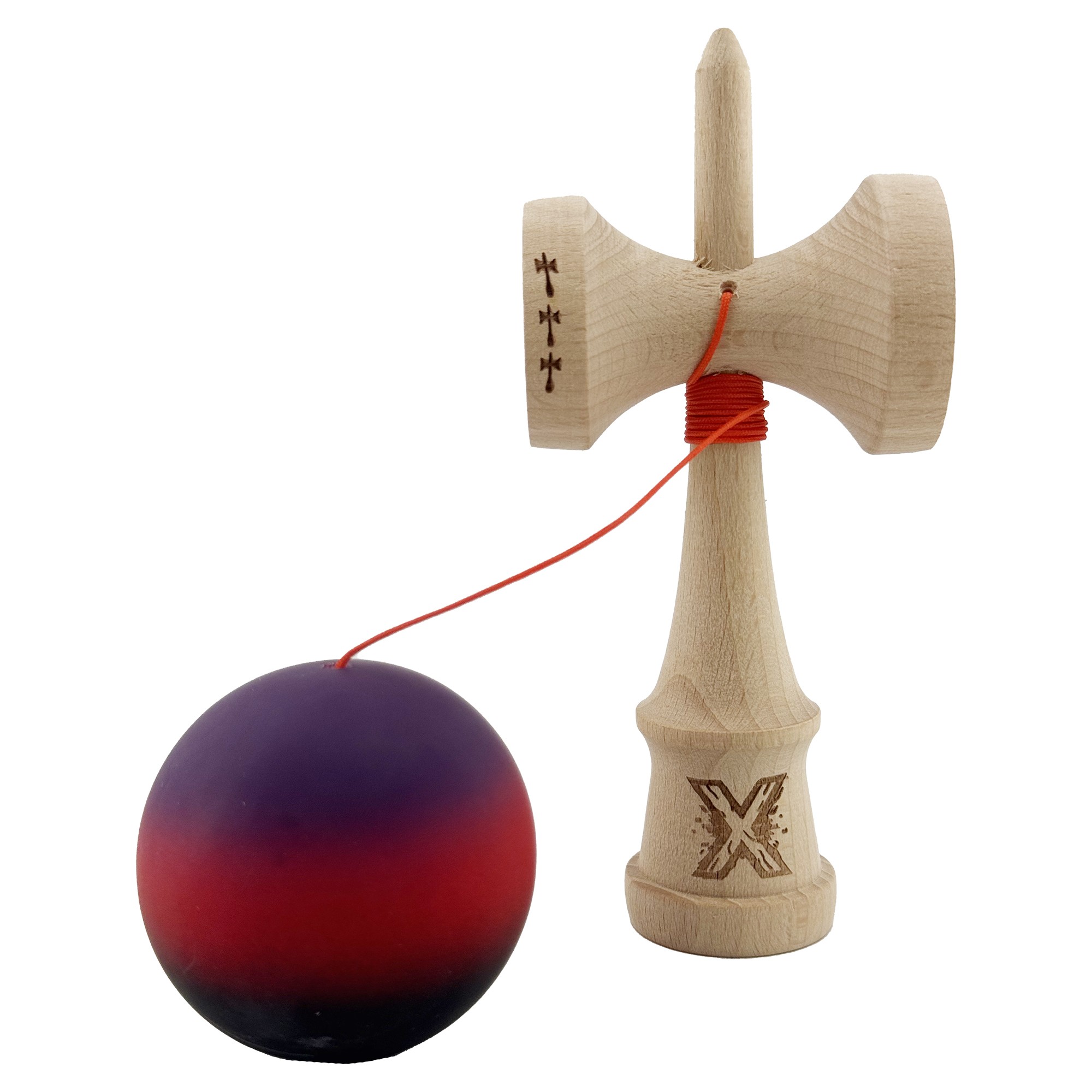Kendama X Originala, Profesionala, Flippy, Big Cups V2, Rubber Grip cu Cupe Mari, Rulment Metalic cu Ata 55 cm, Mov/Rosu/Negru