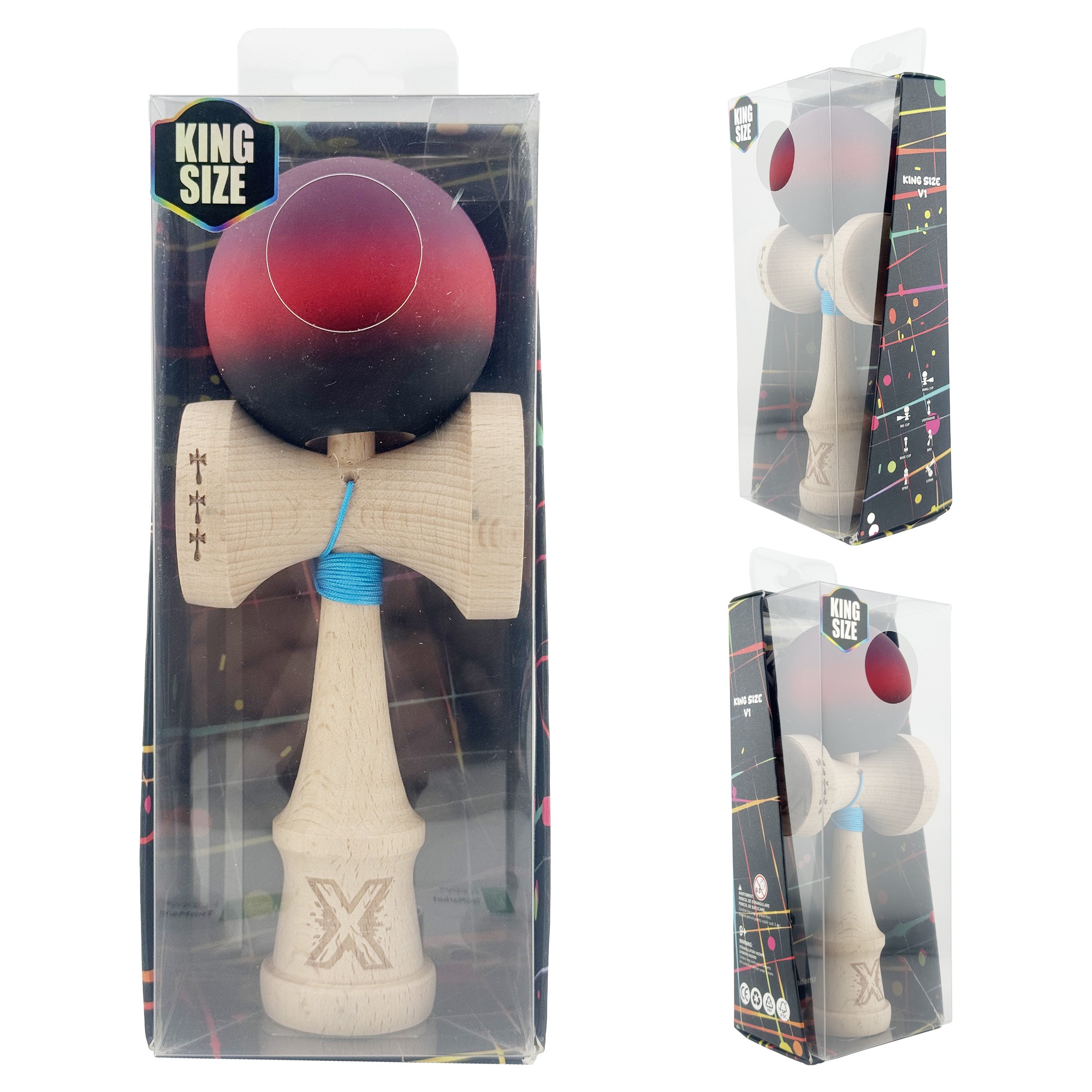 Kendama X Originala, Profesionala, Flippy, Big Cups V2, Rubber Grip cu Cupe Mari, Rulment Metalic cu Ata 55 cm, Mov/Rosu/Negru