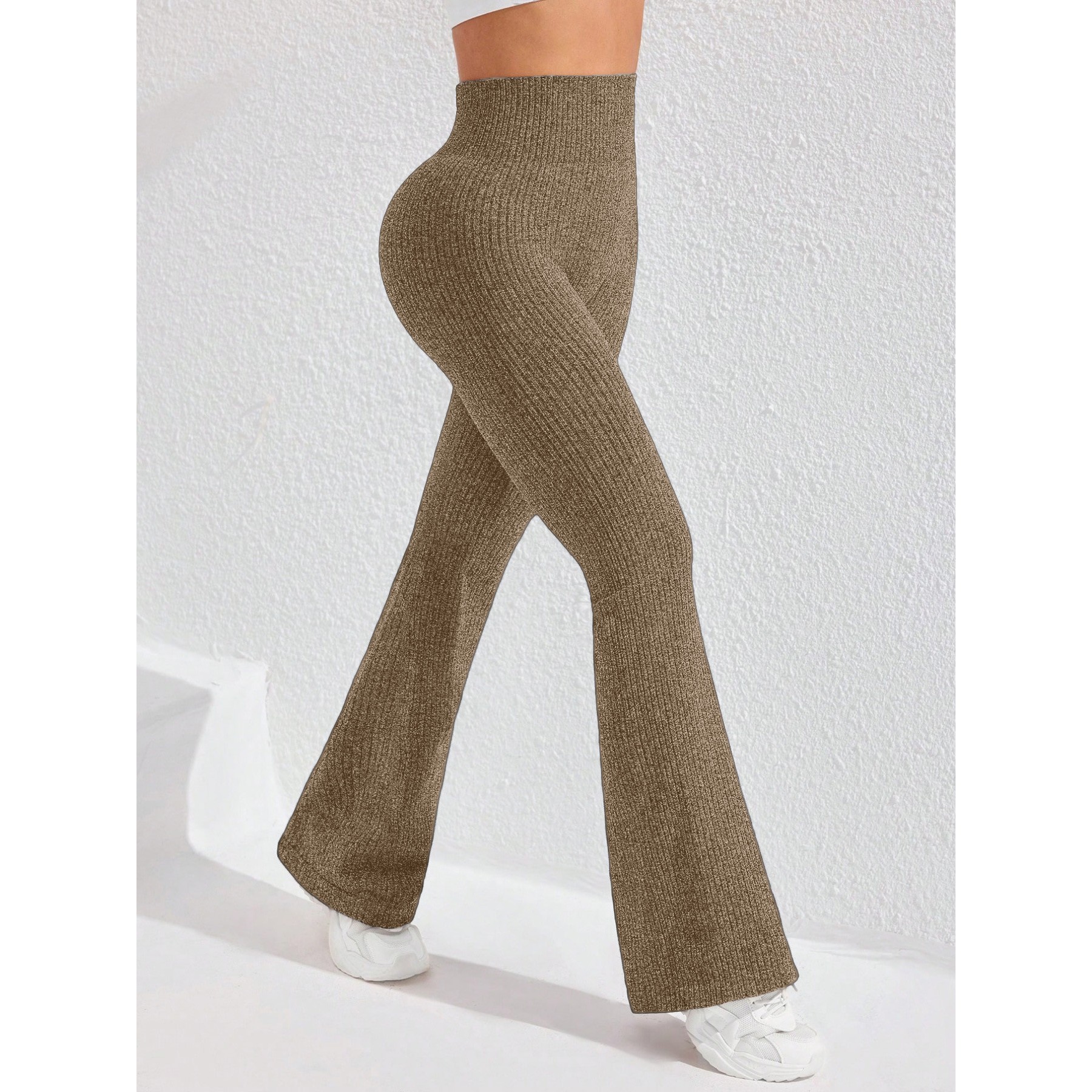 Pantaloni Sport de Dama, Flippy, pentru Yoga, Talie Inalta, Evazati, Tricotati, Khaki, Marime XS