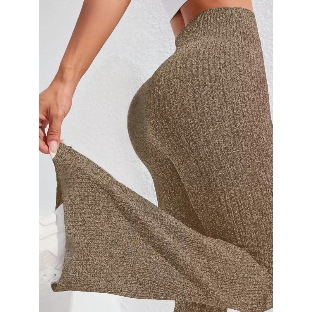 Pantaloni Sport de Dama, Flippy, pentru Yoga, Talie Inalta, Evazati, Tricotati, Khaki, Marime M