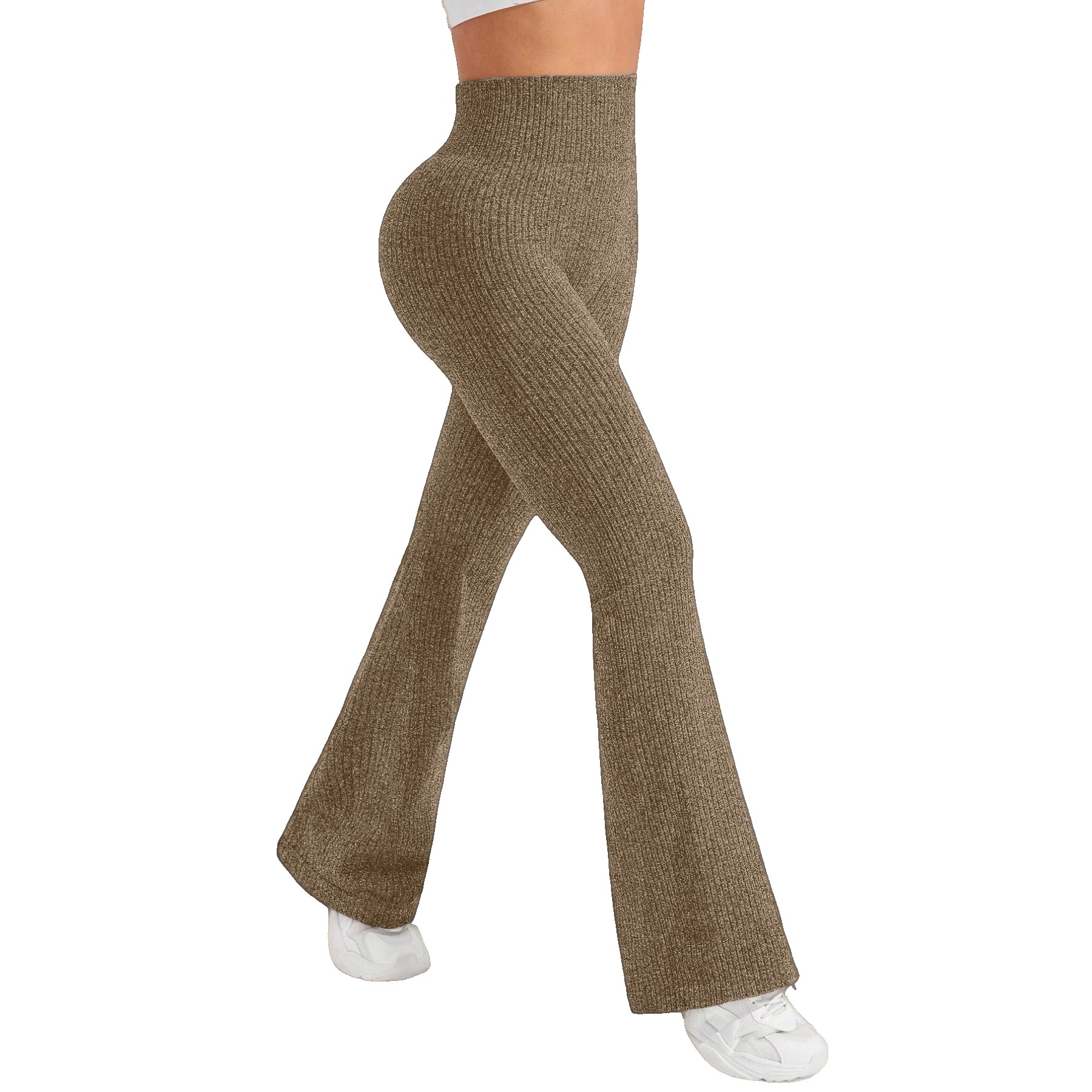 Pantaloni Sport de Dama, Flippy, pentru Yoga, Talie Inalta, Evazati, Tricotati, Khaki, Marime XL