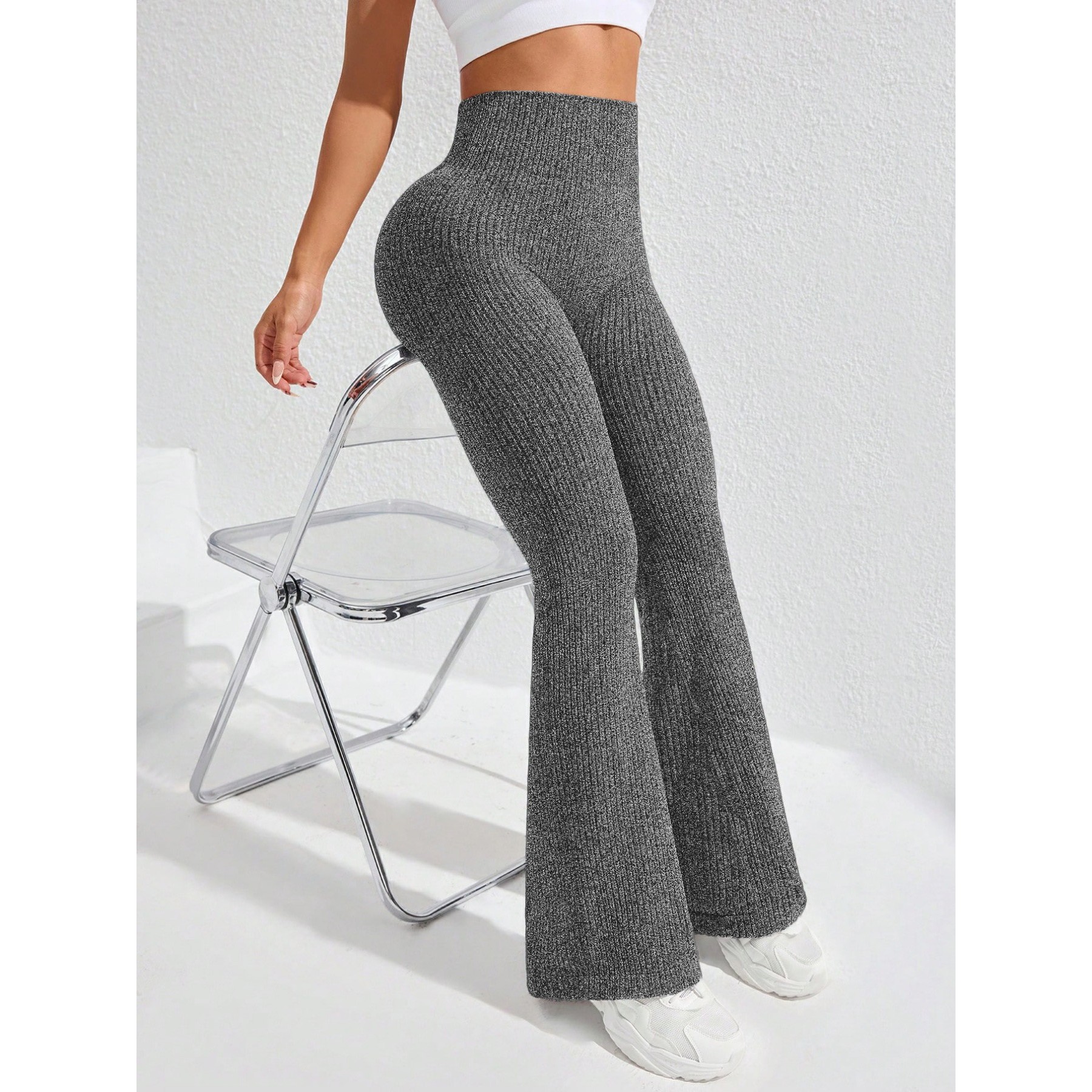 Pantaloni Sport de Dama, Flippy, pentru Yoga, Talie Inalta, Evazati, Tricotati, Gri Inchis, Marime XL