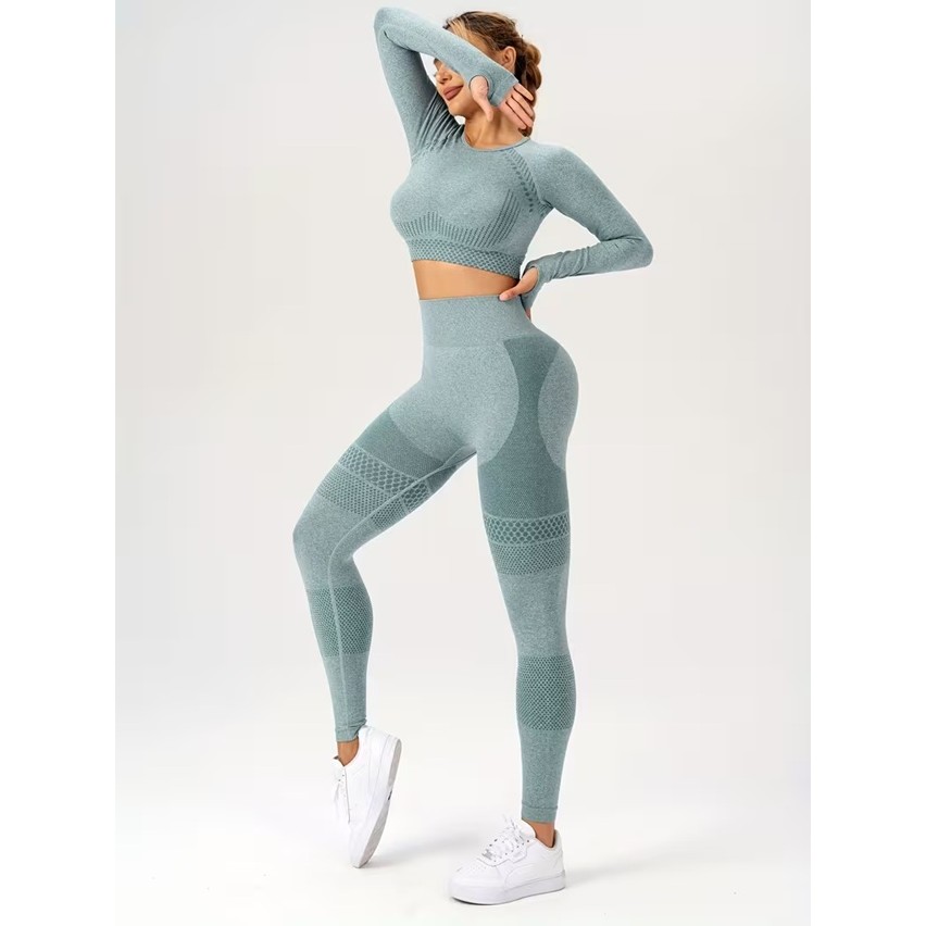 Costum Sport de Dama, Flippy, pentru Yoga, Talie Inalta, Top Scurt, Elastic, Verde Menta, Marime L