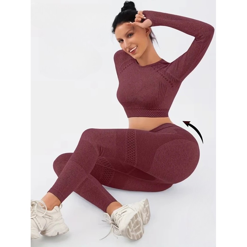 Costum Sport de Dama, Flippy, pentru Yoga, Talie Inalta, Top Scurt, Elastic, Burgundy, Marime M