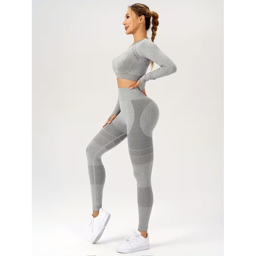 Costum Sport de Dama, Flippy, pentru Yoga, Talie Inalta, Top Scurt, Elastic, Gri, Marime L