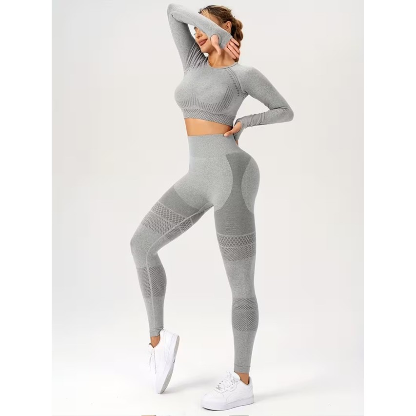 Costum Sport de Dama, Flippy, pentru Yoga, Talie Inalta, Top Scurt, Elastic, Gri, Marime L