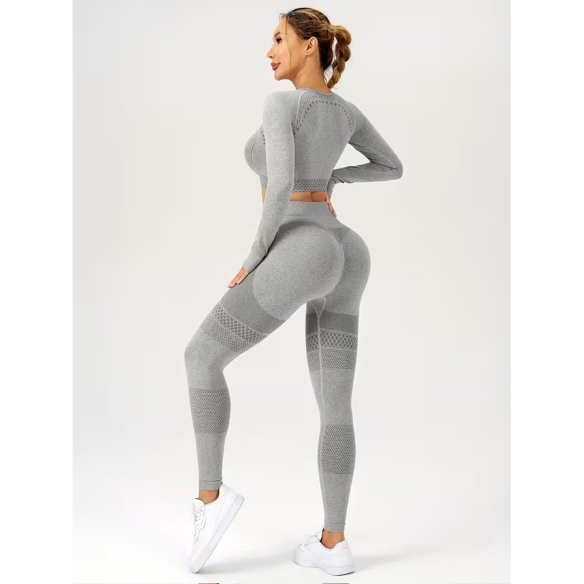 Costum Sport de Dama, Flippy, pentru Yoga, Talie Inalta, Top Scurt, Elastic, Gri, Marime L