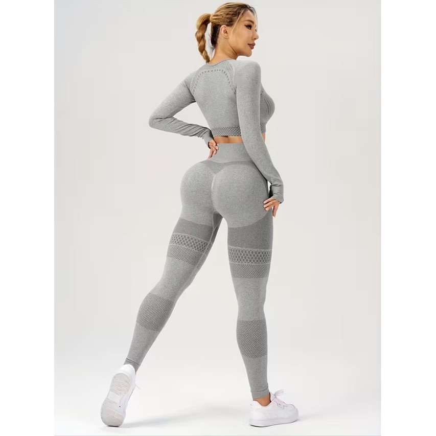 Costum Sport de Dama, Flippy, pentru Yoga, Talie Inalta, Top Scurt, Elastic, Gri, Marime L