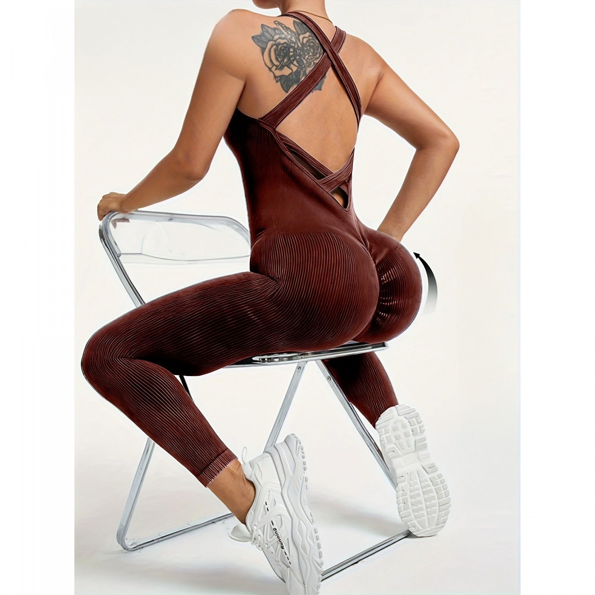 Costum Sport de Dama, Flippy, One Piece, pentru Yoga, Elastic, Fara Cusaturi, Maro Inchis, Marime L