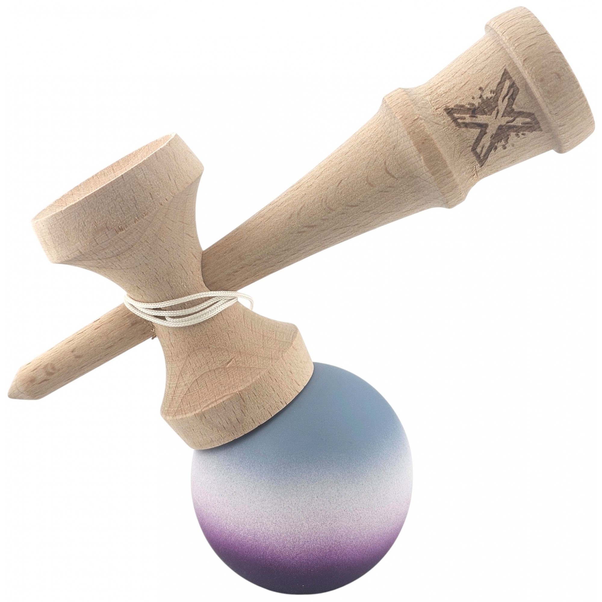 Kendama X Originala, Profesionala, din Lemn, Rubber Grip, 18 cm, Gri/Alb/Mov Kendama X Originala, Profesionala, din Lemn, Rubber Grip, 18 cm, Gri/Alb/Mov