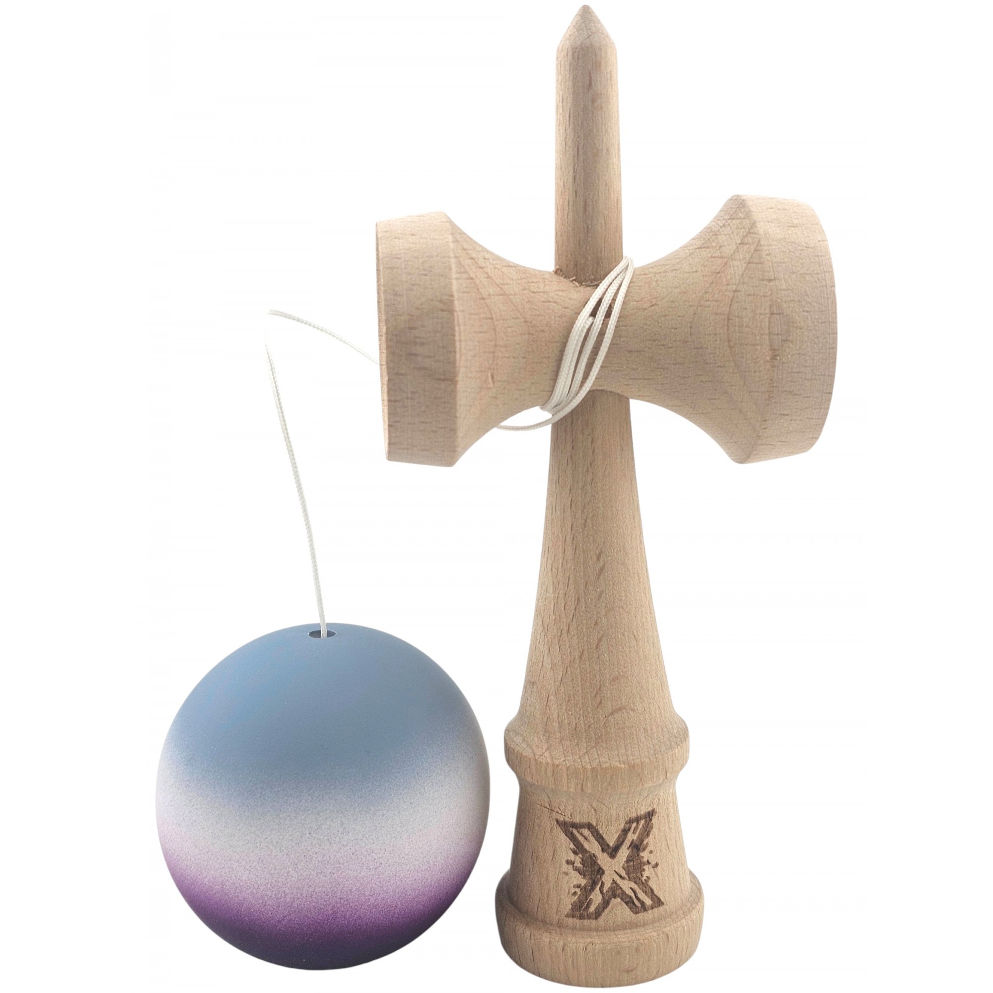Kendama X Originala, Profesionala, din Lemn, Rubber Grip, 18 cm, Gri/Alb/Mov Kendama X Originala, Profesionala, din Lemn, Rubber Grip, 18 cm, Gri/Alb/Mov