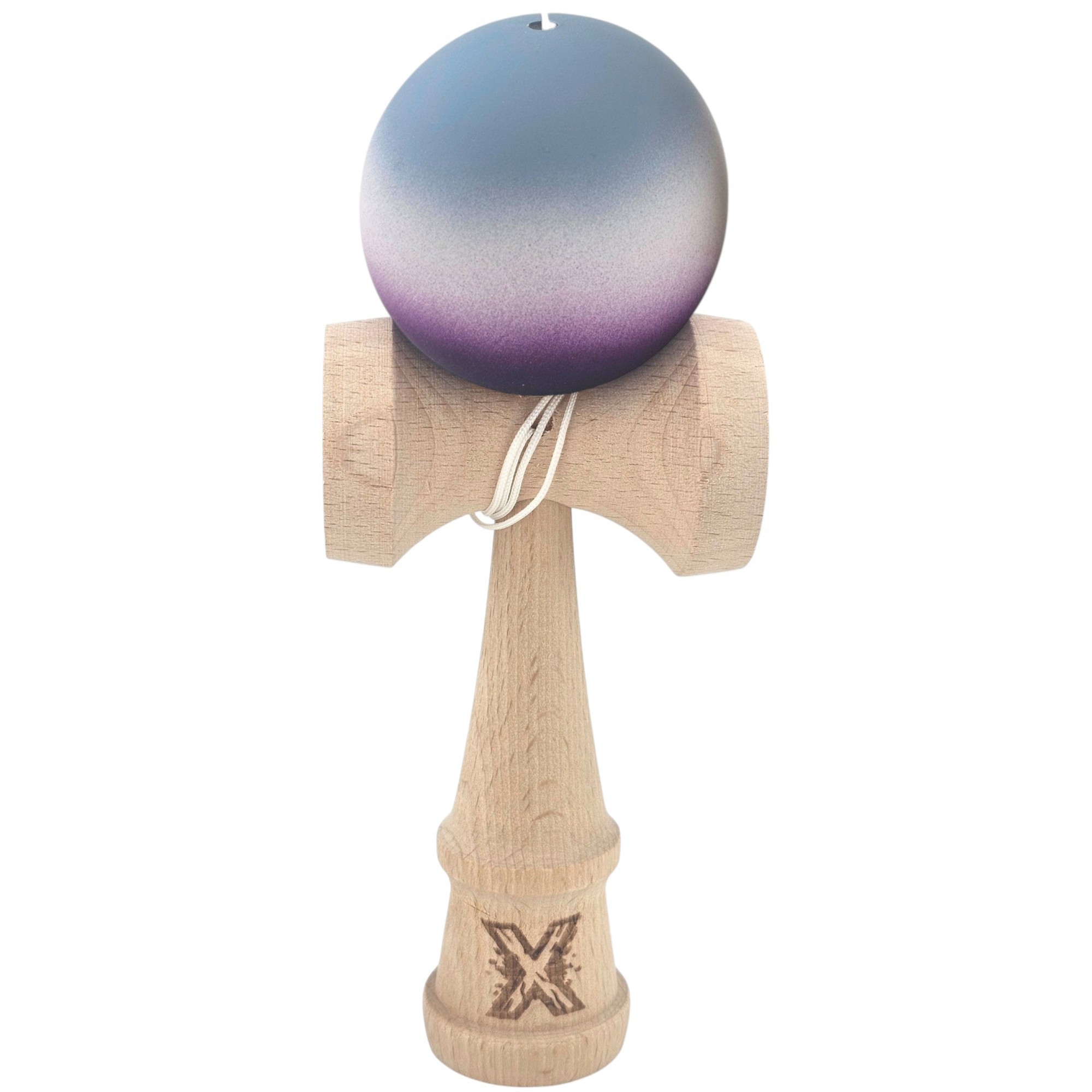 Kendama X Originala, Profesionala, din Lemn, Rubber Grip, 18 cm, Gri/Alb/Mov Kendama X Originala, Profesionala, din Lemn, Rubber Grip, 18 cm, Gri/Alb/Mov