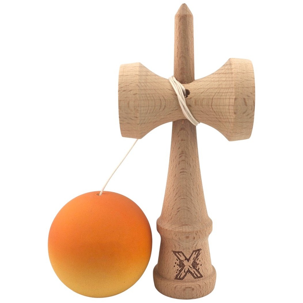 Kendama X Originala, Profesionala, Flippy, Rubber Grip, din Lemn, 18 cm, Portocaliu/Galben