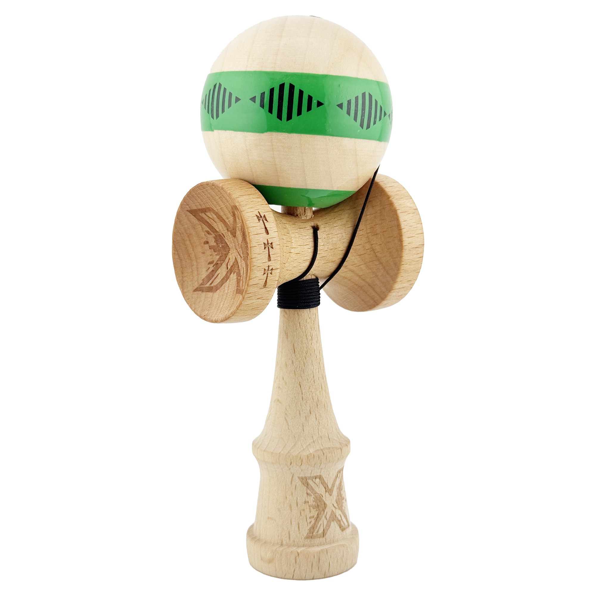 Kendama X FREQUENCY Originala, Profesionala, Flippy, Big Cups V2, Super Sticky cu Cupe Mari, Rulment Metalic, din lemn 18 cm, Ata 55 cm, Verde/Maro